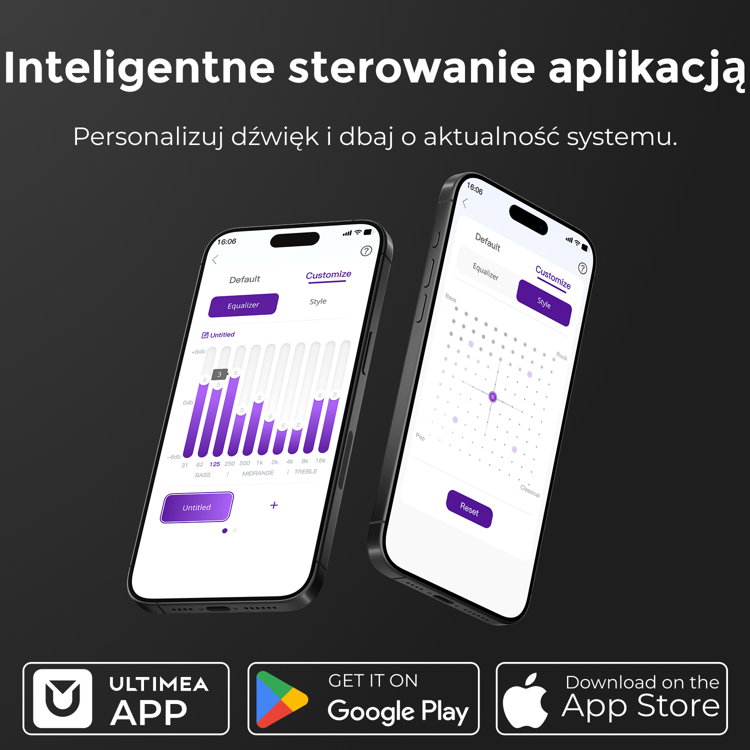 Dwa telefony wyświetlające interfejsy aplikacji muzycznych. Jeden pokazuje korektor, drugi personalizator stylu. Ikony aplikacji na dole.