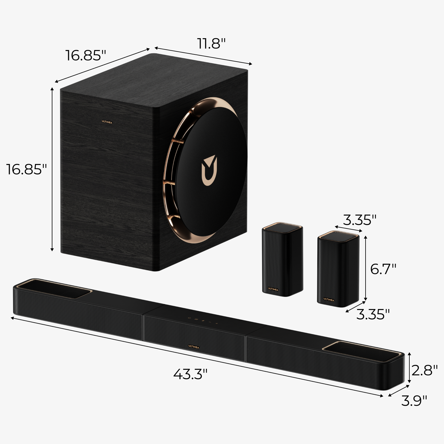 Czarny system dźwiękowy z subwooferem, soundbarem i dwoma głośnikami. Wymiary są podane. Subwoofer ma złoty akcent.