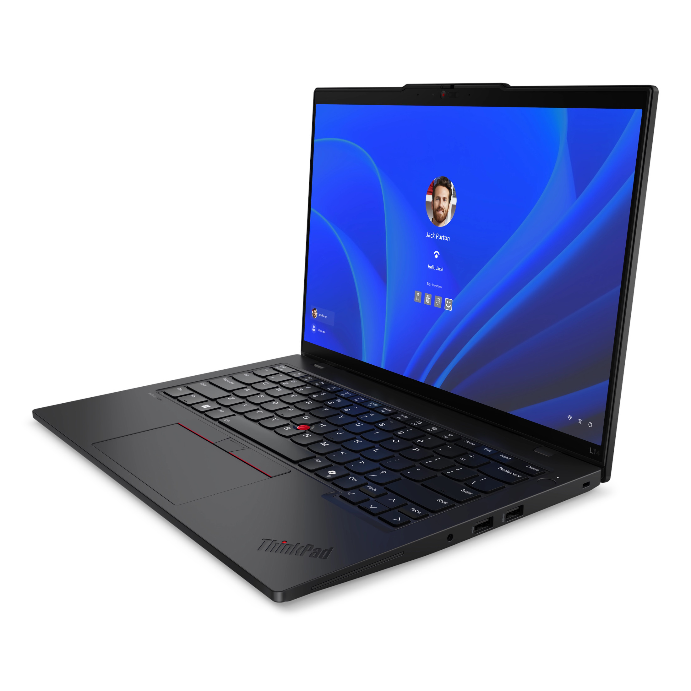 Ein schwarzes ThinkPad-Laptop ist geöffnet und zeigt einen blauen Anmeldebildschirm mit einem Benutzerprofil. Tastatur und Trackpad sichtbar.