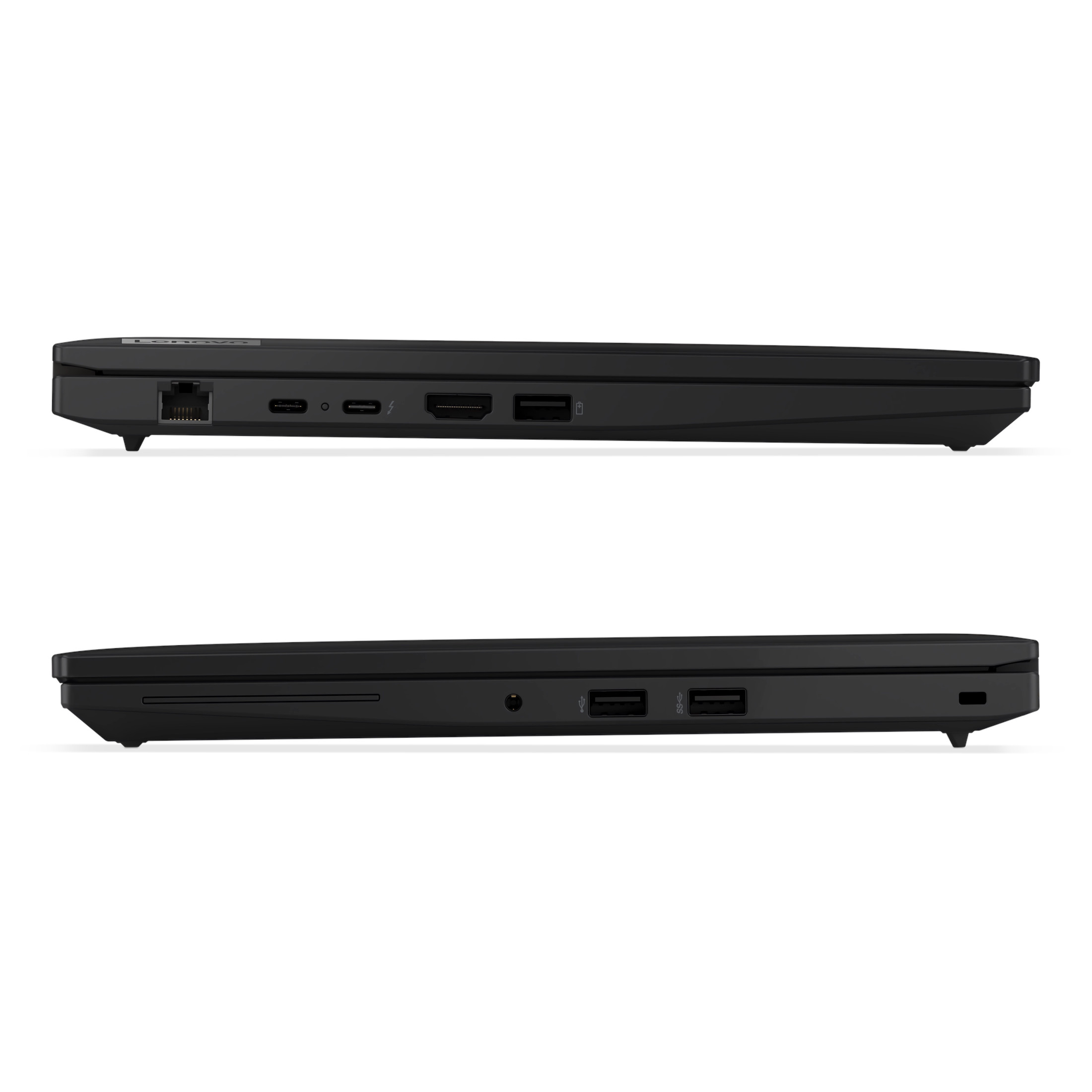 Zwei schwarze Laptops in Seitenansicht. Oben: Ethernet, USB-C, HDMI, USB. Unten: Audio, USB, USB-C.