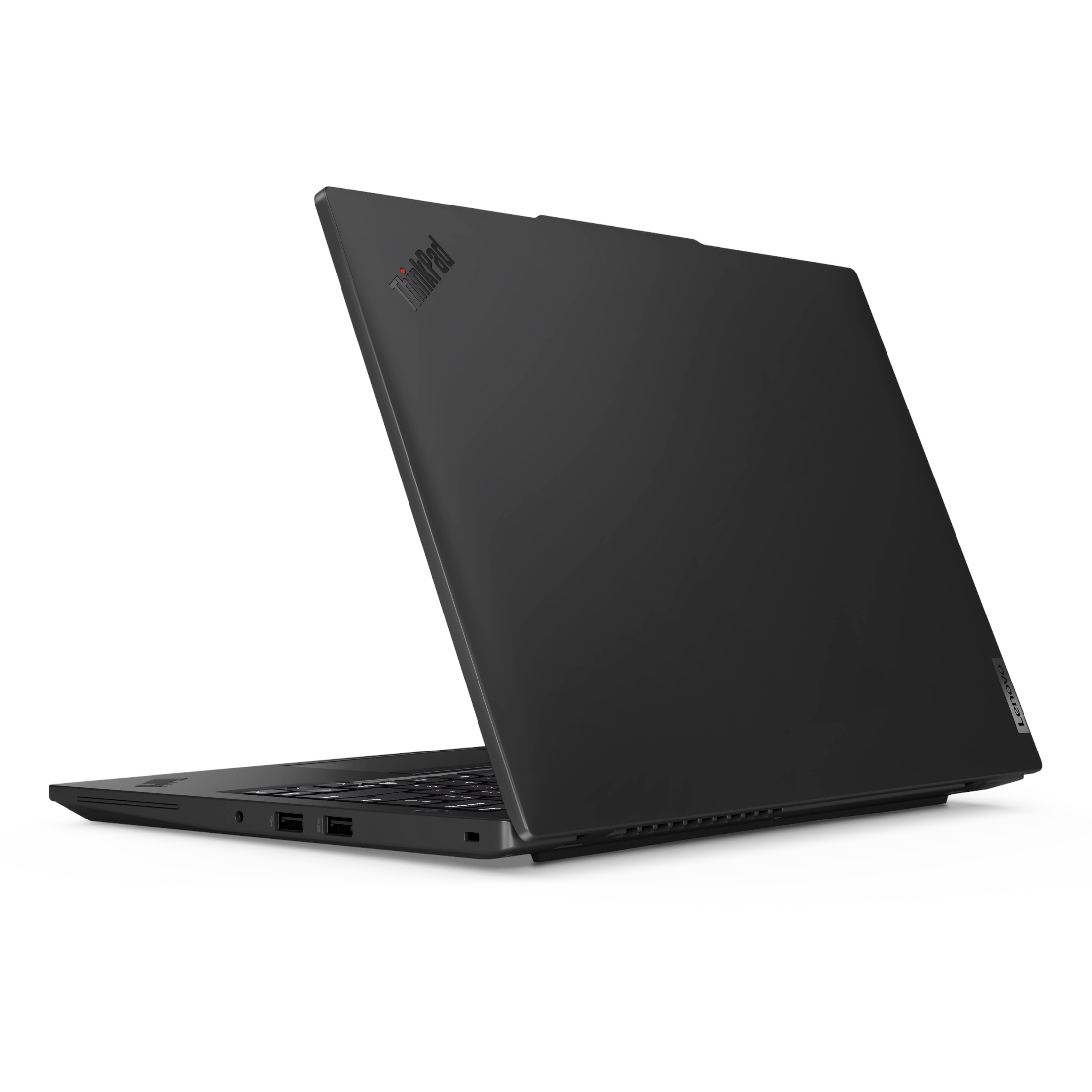 Ein schwarzes ThinkPad-Laptop ist geöffnet und zeigt die Tastatur und die Rückseite des Bildschirms. Lenovo-Logo sichtbar.