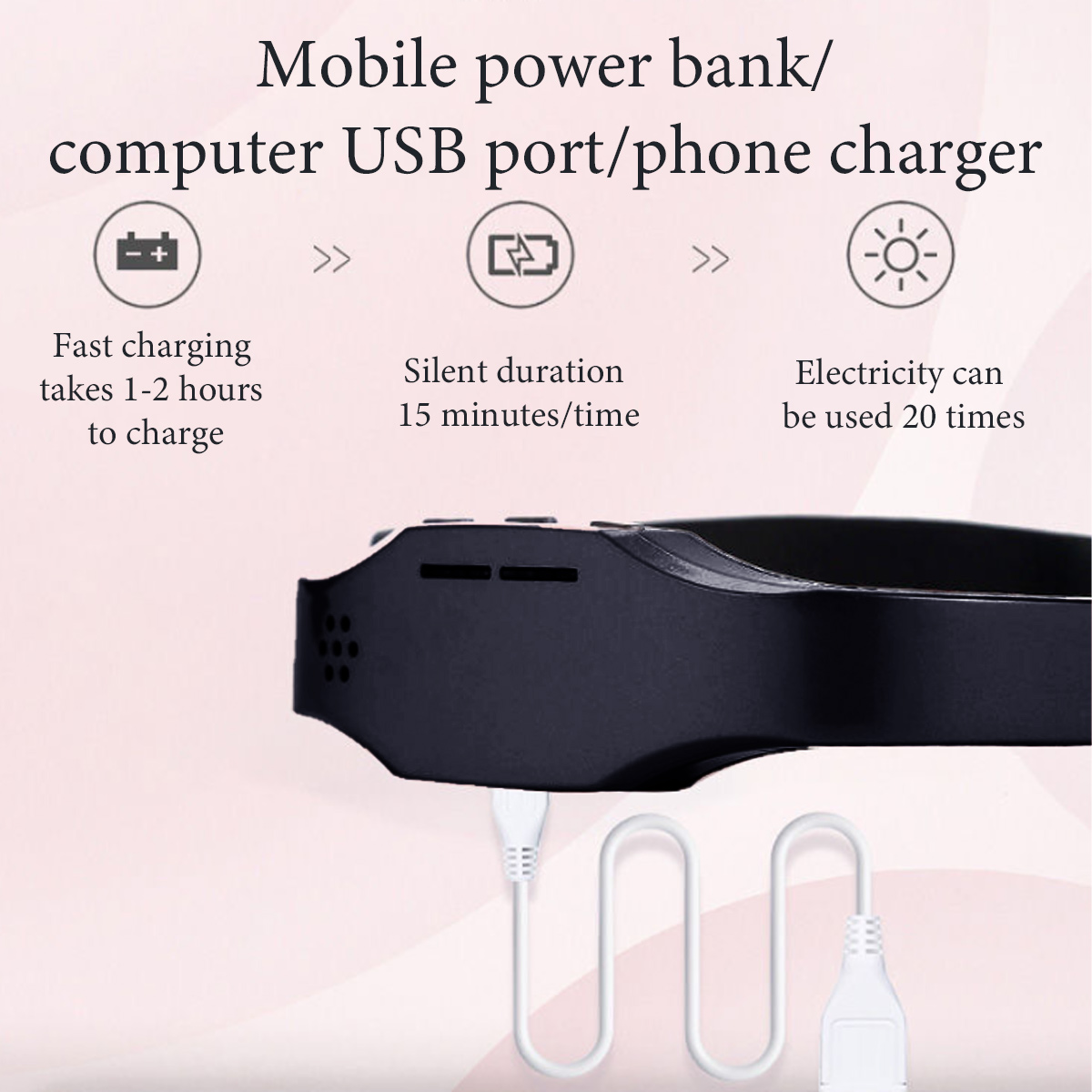 Eine schwarze Powerbank mit weißem USB-Kabel. Text zeigt schnelles Laden, stille Dauer und Stromnutzungszeiten.