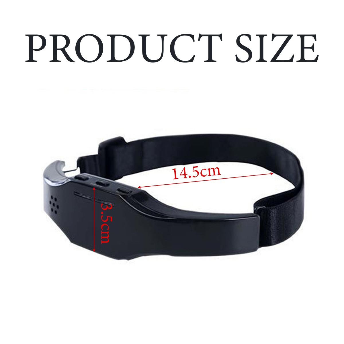 Ein schwarzes Produkt mit Maßangaben. Das Produkt ist 14,5 cm lang und 3,5 cm breit. Oben steht 'Produktgröße'.