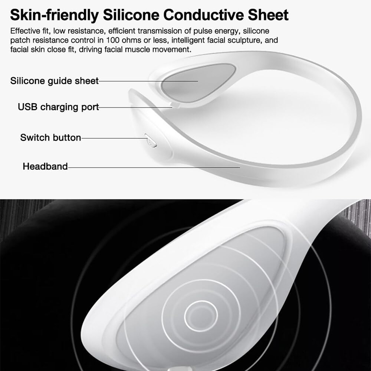 Weißer Gesichtsmuskelstimulator. Beschriftete Teile: Silikon-Führungsblatt, USB-Ladeanschluss, Schalter und Stirnband.