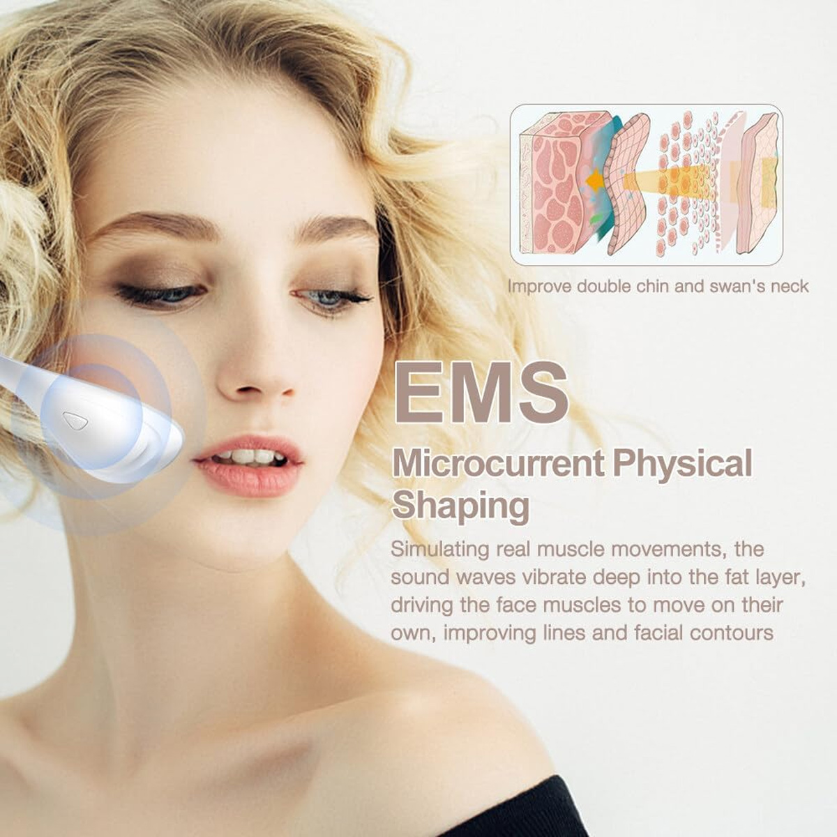 Frau mit blonden Haaren, die mit einem EMS-Gerät behandelt wird. Diagramm zeigt Hautschichten und Muskelstimulation.