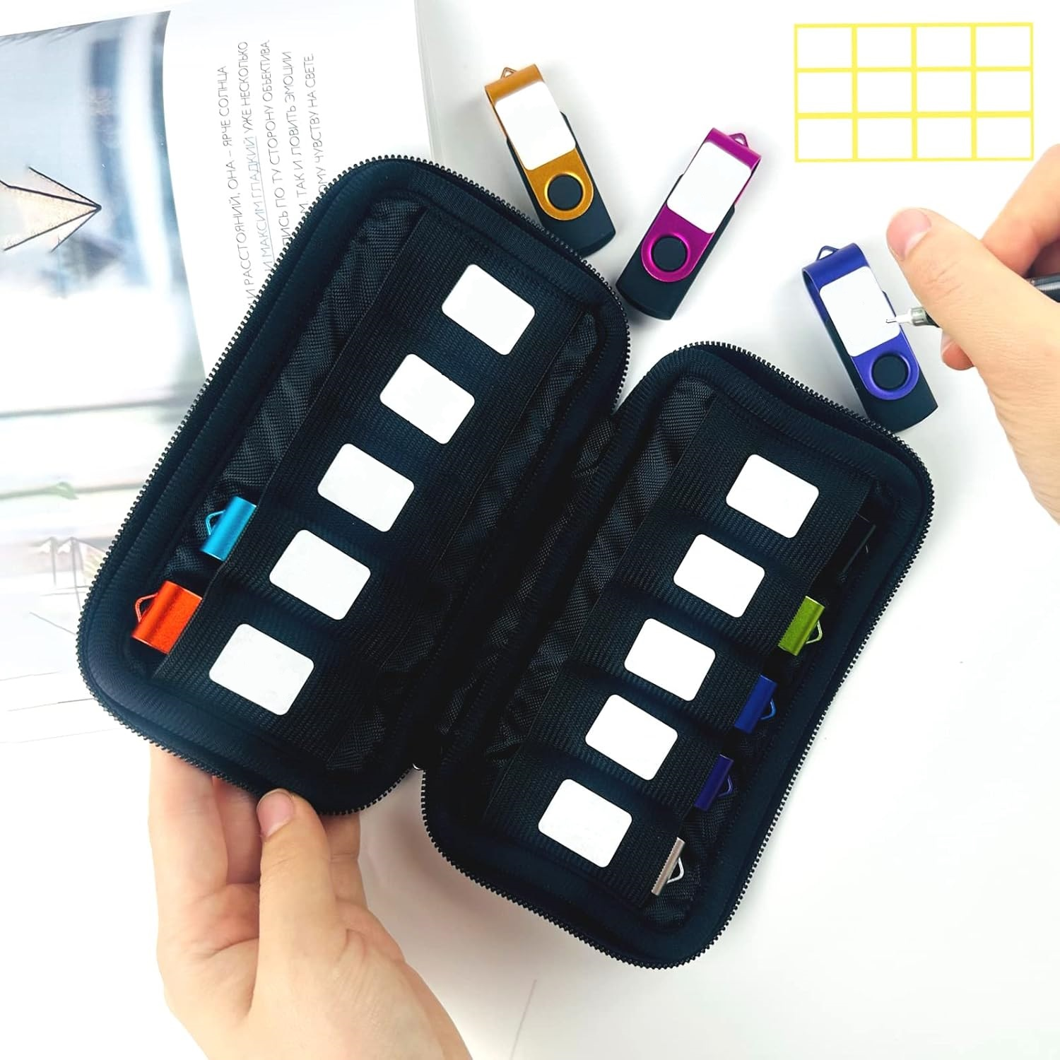 Offener schwarzer Koffer mit bunten USB-Laufwerken und Clips. Eine Hand beschreibt ein weißes Etikett. Hintergrund ist eine weiße Oberfläche und ein bedrucktes Papier.