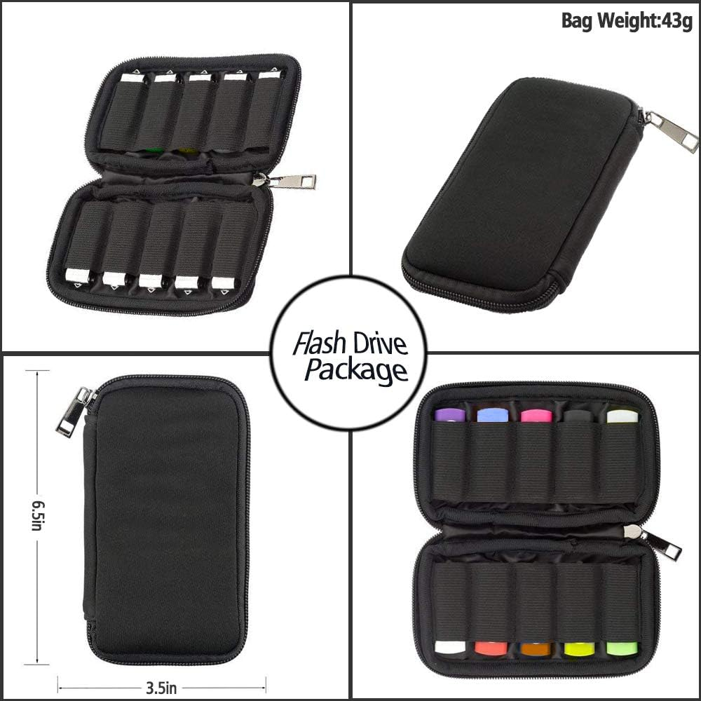 Ein Flash-Drive-Paket mit schwarzem Reißverschluss. Das Gewicht der Tasche beträgt 43 g. Es enthält mehrere bunte USB-Sticks.