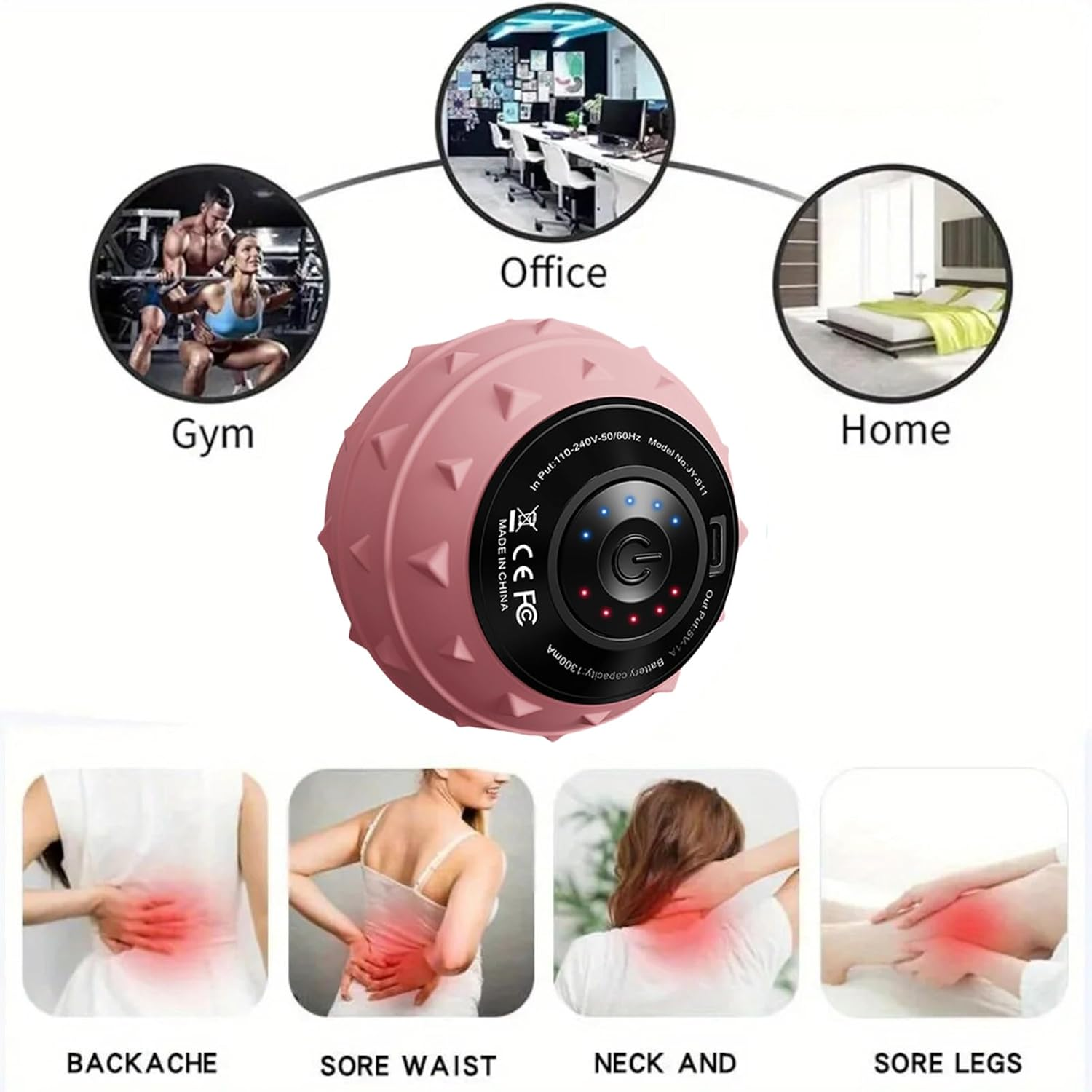 Ein rosa Massageball mit Bildern von Fitnessstudio, Büro, Zuhause und Illustrationen von Rücken-, Taillen-, Nacken- und Beinschmerzen.
