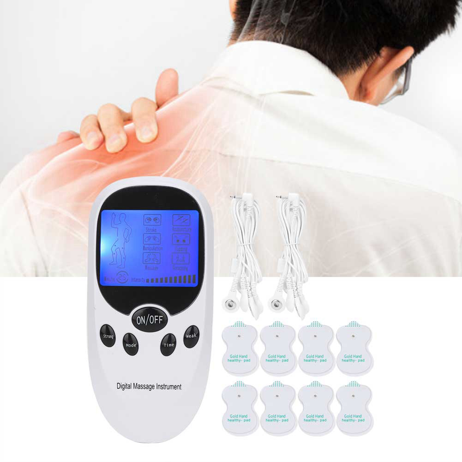 Ein weißes digitales Massagegerät, Elektroden und Kabel. Im Hintergrund der Rücken einer Person mit rot hervorgehobenen Schmerzen.