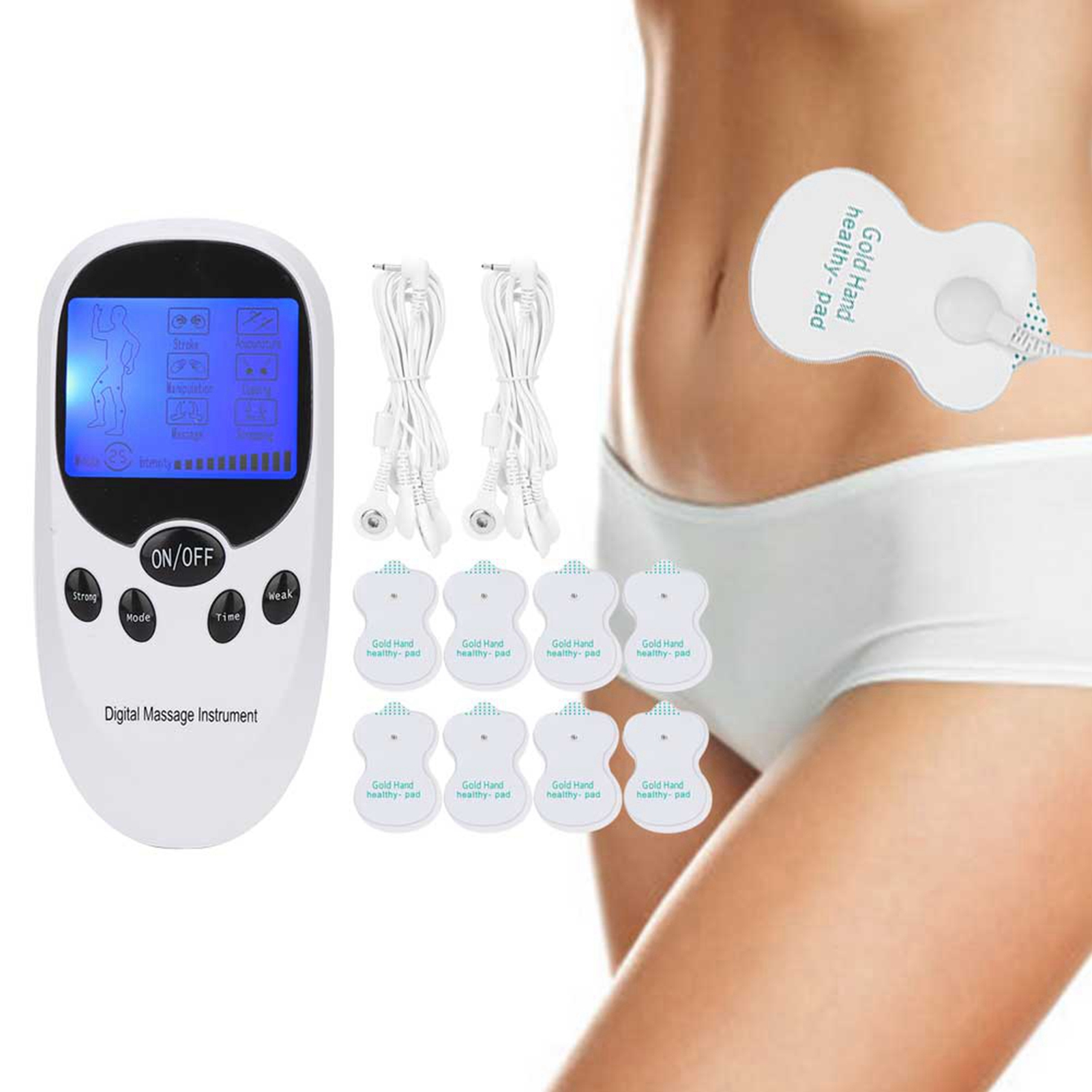Ein digitales Massagegerät, Pads und der Bauch einer Person mit einem befestigten Pad. Weiße Objekte auf weißem Hintergrund.