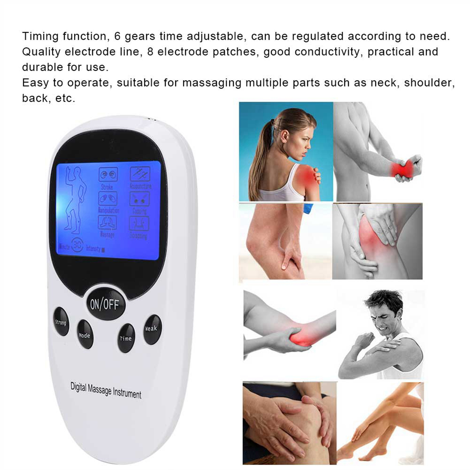 Weißes digitales Massagegerät mit blauem Display. Zeigt Körperteile mit Schmerzen. Text: ON/OFF, Strong, Mode, Time, Weak.