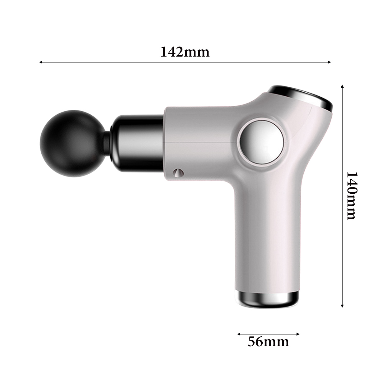 Eine weiße und silberne Massagepistole mit Abmessungen wird gezeigt. Sie hat einen schwarzen Kugelkopf. Die Maße sind 142 mm, 140 mm und 56 mm.