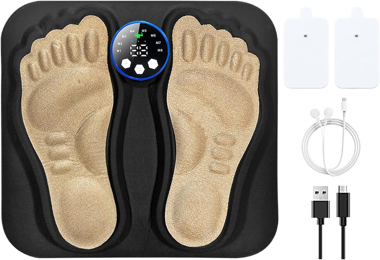 Fußmassagegerät mit Fußabdrücken, Bedienfeld, Pads und Kabeln. Beige Fußpads auf schwarzer Basis, weißes Zubehör.