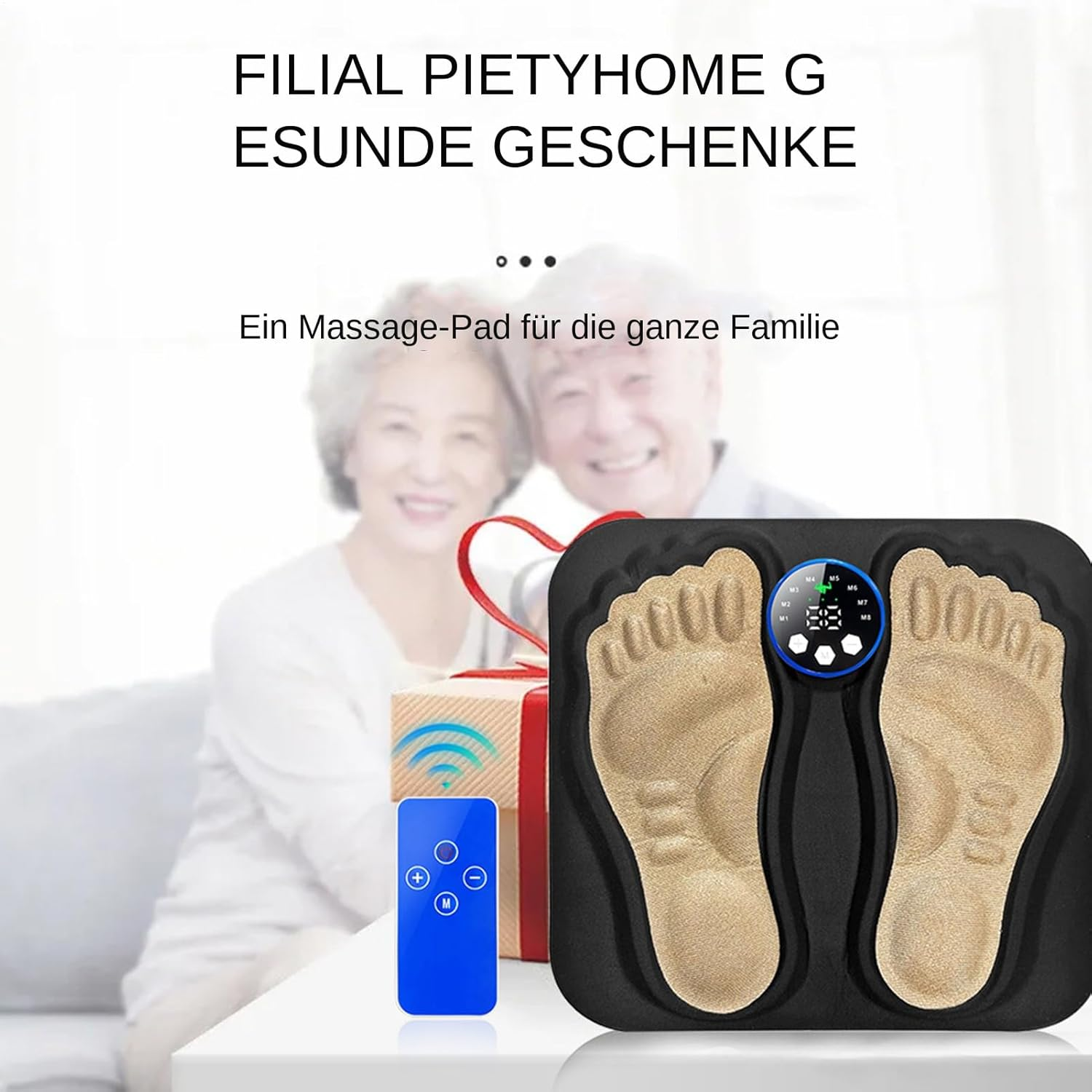 Fußmassagegerät mit Fußabdrücken, Display, Fernbedienung, Geschenkbox und älteres Ehepaar im Hintergrund.