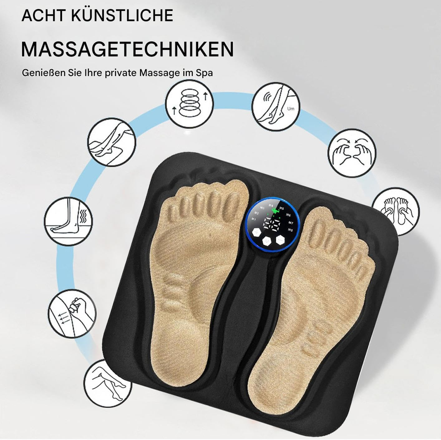 Ein Fußmassagegerät mit Fußabdrücken, einem Digitaldisplay und Massage-Technik-Illustrationen um einen blauen Bogen.