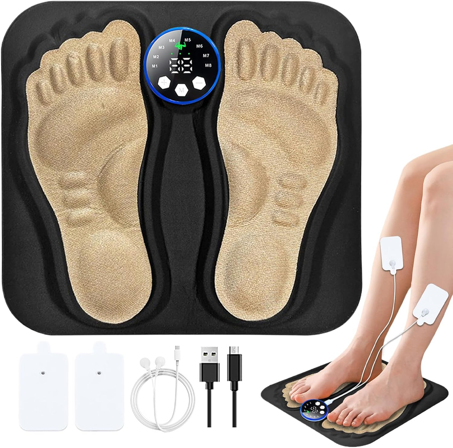 Fußmassagegerät mit Fußumrissen, Bedienfeld und Beinpolstern. Kabel und Füße sind sichtbar. Zubehör umfasst Pads und Ladekabel.