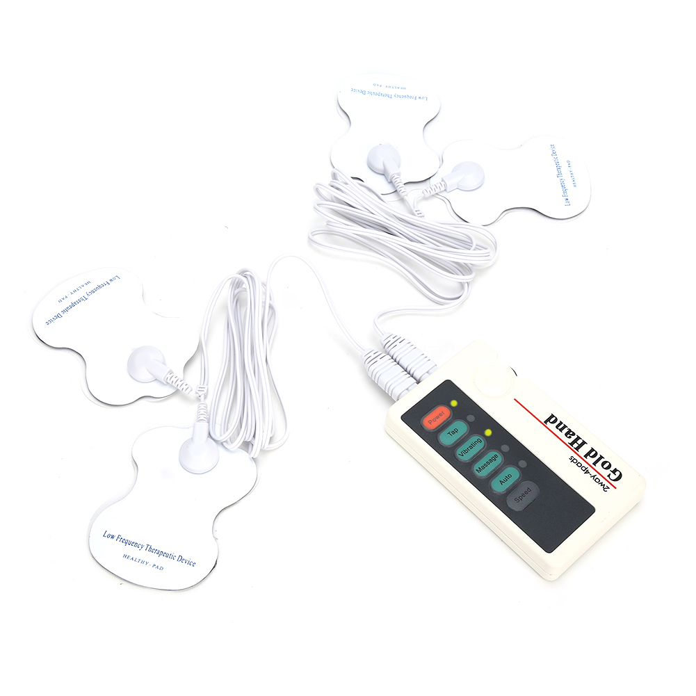Weißes Therapiegerät mit Pads, Kabeln und Controller. Es hat Knöpfe: Power, Tap, Vibrating, Massage, Auto und Speed.
