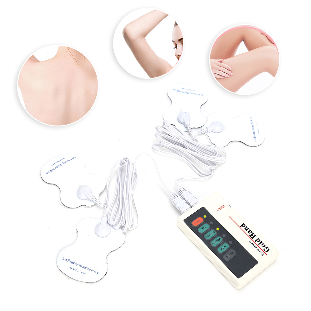 Ein elektrisches Muskelstimulationsgerät mit Pads und einer Steuereinheit. Kreisförmige Bilder zeigen Körperbereiche.