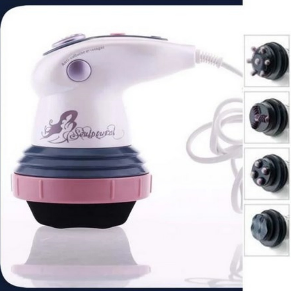 Ein weiß-rosa Körpermassagegerät mit mehreren austauschbaren Köpfen. Es hat ein Netzkabel und befindet sich vor einem weißen Hintergrund.