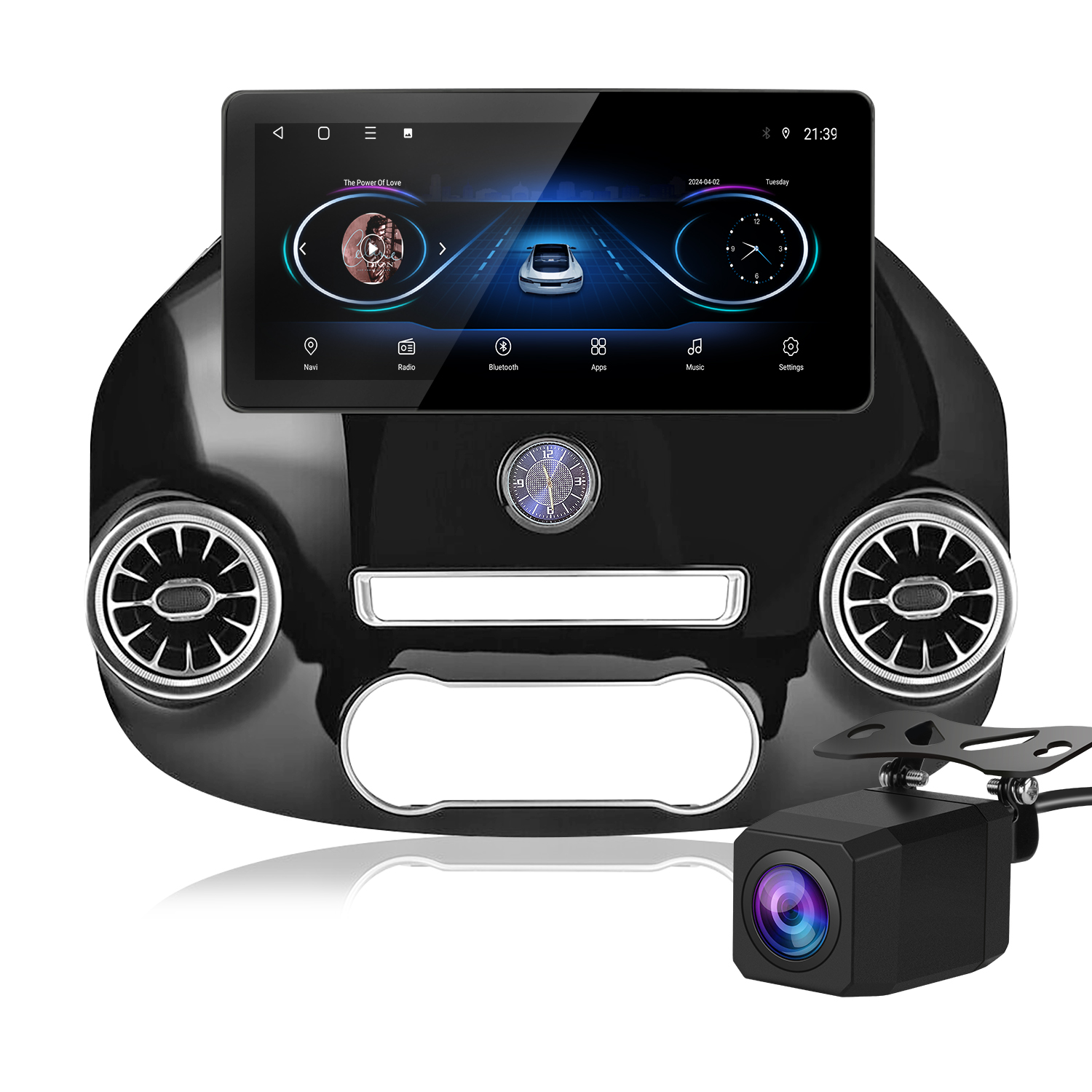 Ein Auto-Armaturenbrett mit einem Bildschirm, der Navigation, Radio und Einstellungen anzeigt. Darunter sind Lüftungsschlitze und eine Rückfahrkamera angebracht.
