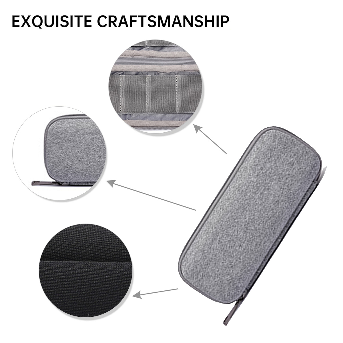 Ein graues Etui mit Reißverschluss und detaillierten Nahaufnahmen: grauer Stoff, Innenfächer und schwarzes strukturiertes Material. Text: EXQUISITE CRAFTSMANSHIP.