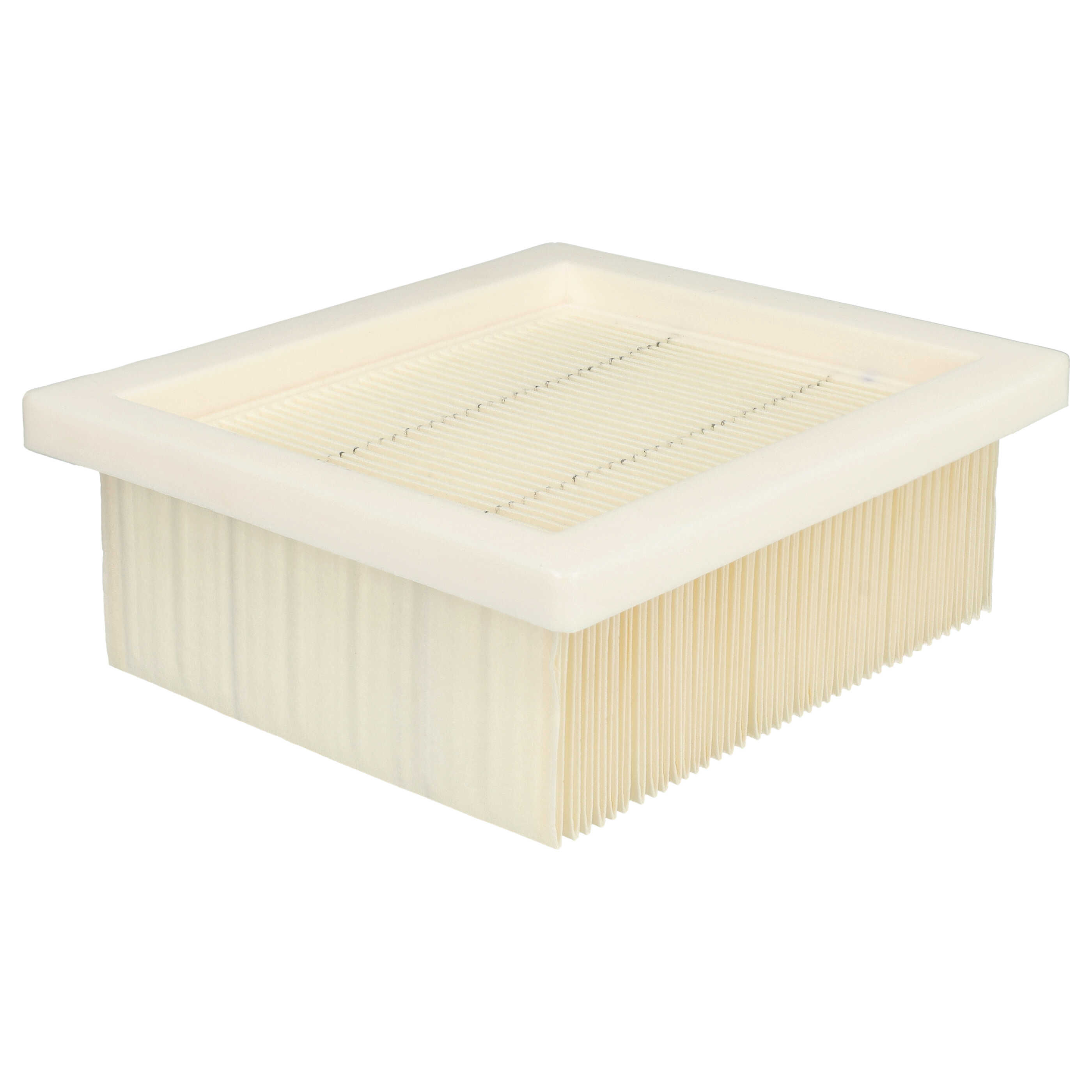 Ein Luftfilter, weißer Rahmen um gefaltetes Filtermaterial. Die Struktur ist rechteckig und liegt auf weißem Grund.