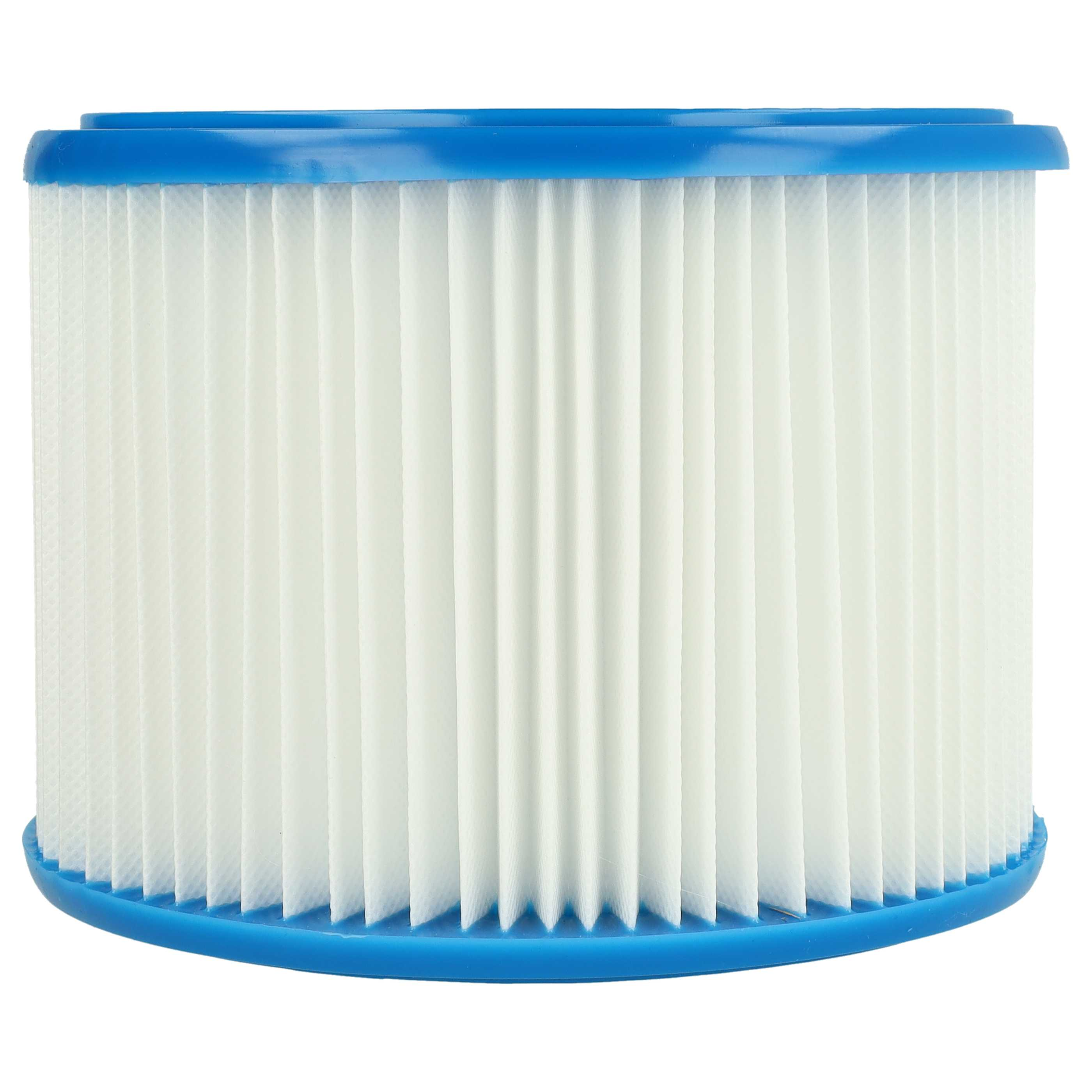 Ein zylindrischer Luftfilter mit weißem, plissiertem Filterpapier und blauen Kunststoffrändern.