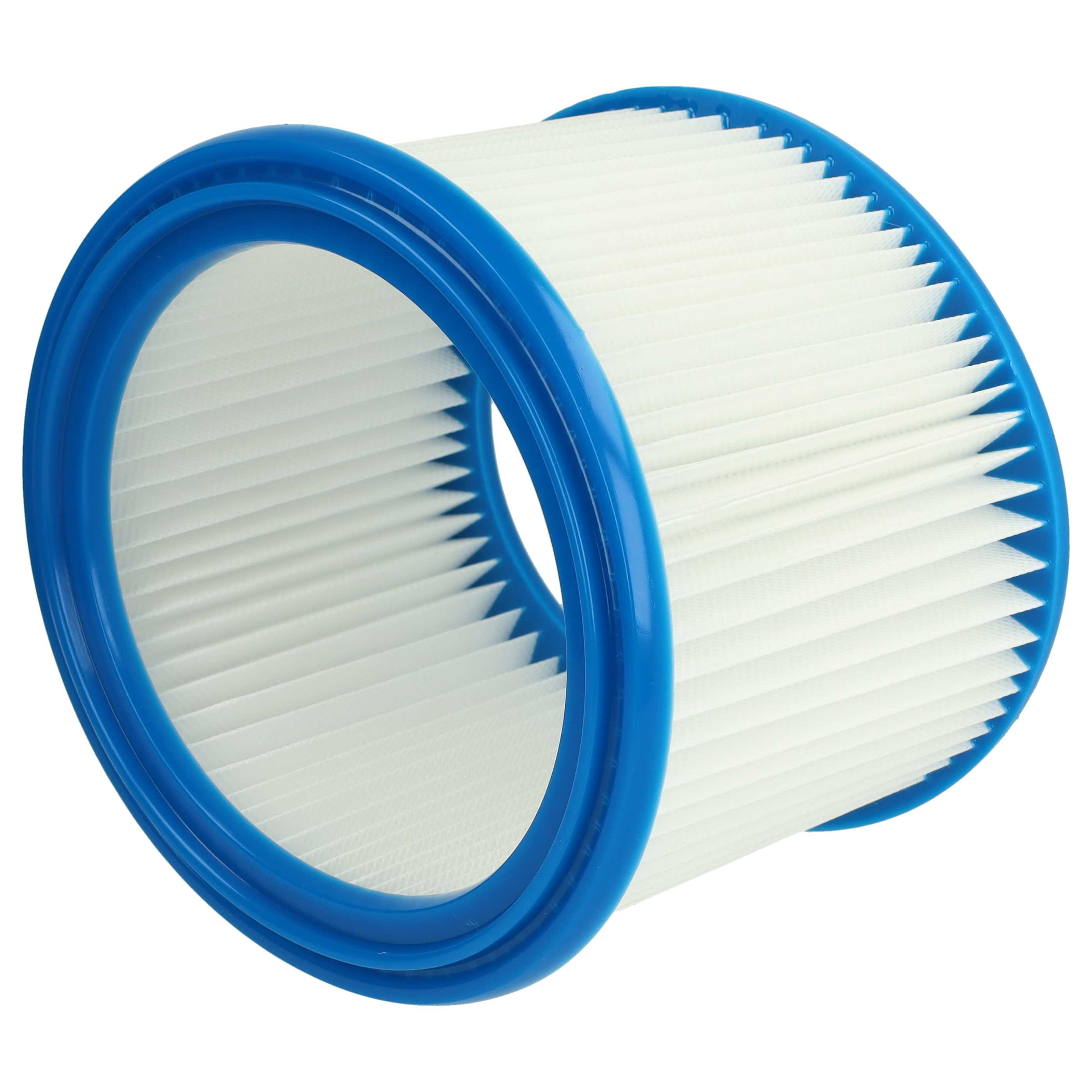 Ein weiß-blauer Staubsaugerfilter. Er hat an beiden Enden einen blauen Ring. Der Filter ist weiß und plissiert.
