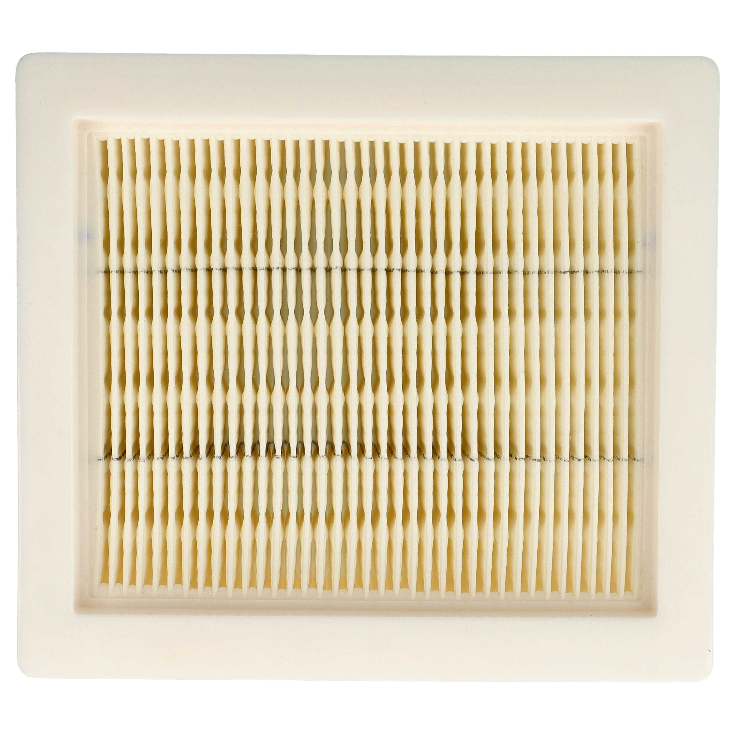 Ein Luftfilter mit rechteckigem Rahmen. Der Filter hat viele vertikale, parallele Rippen in Beige.
