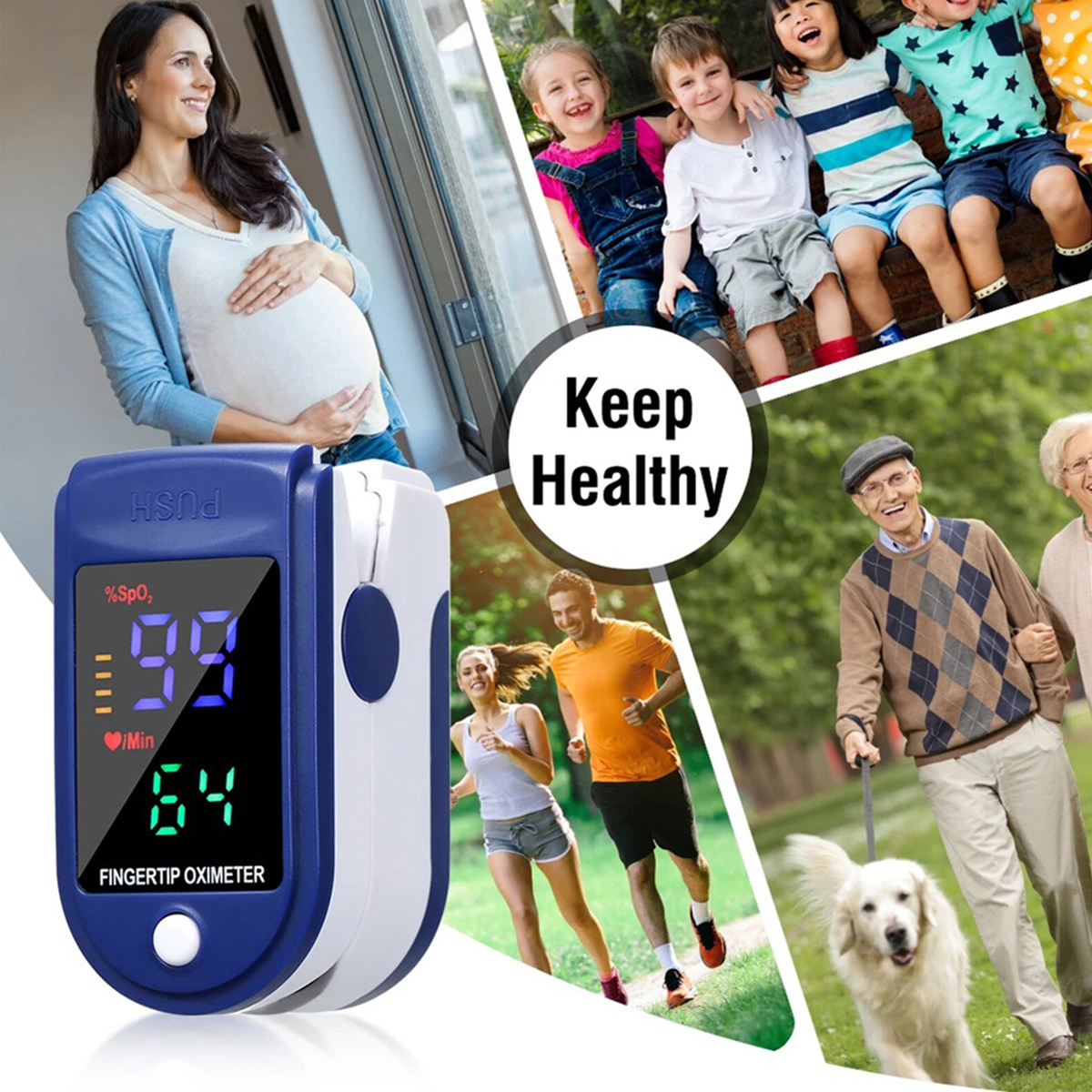Das Bild wirbt für Gesundheit. Es zeigt ein Oximeter, eine schwangere Frau, Kinder, Läufer und ältere Menschen unter 'Gesund bleiben'.