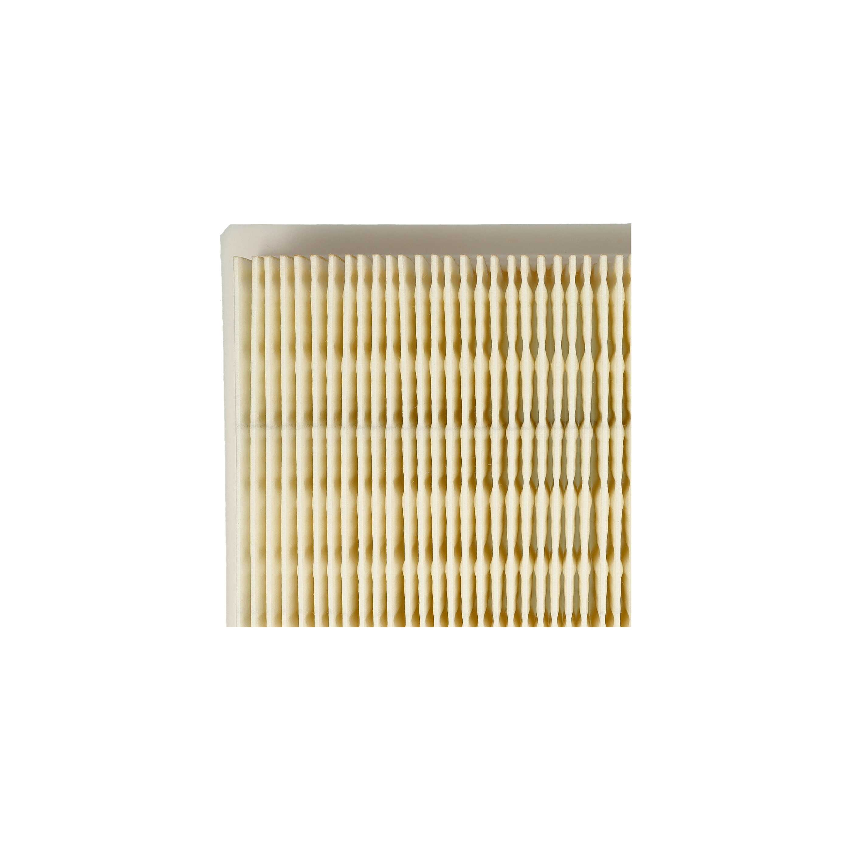 Ein Luftfilter, beige mit vertikalen, wellenförmigen Linien. Es hat einen weißen Rand.