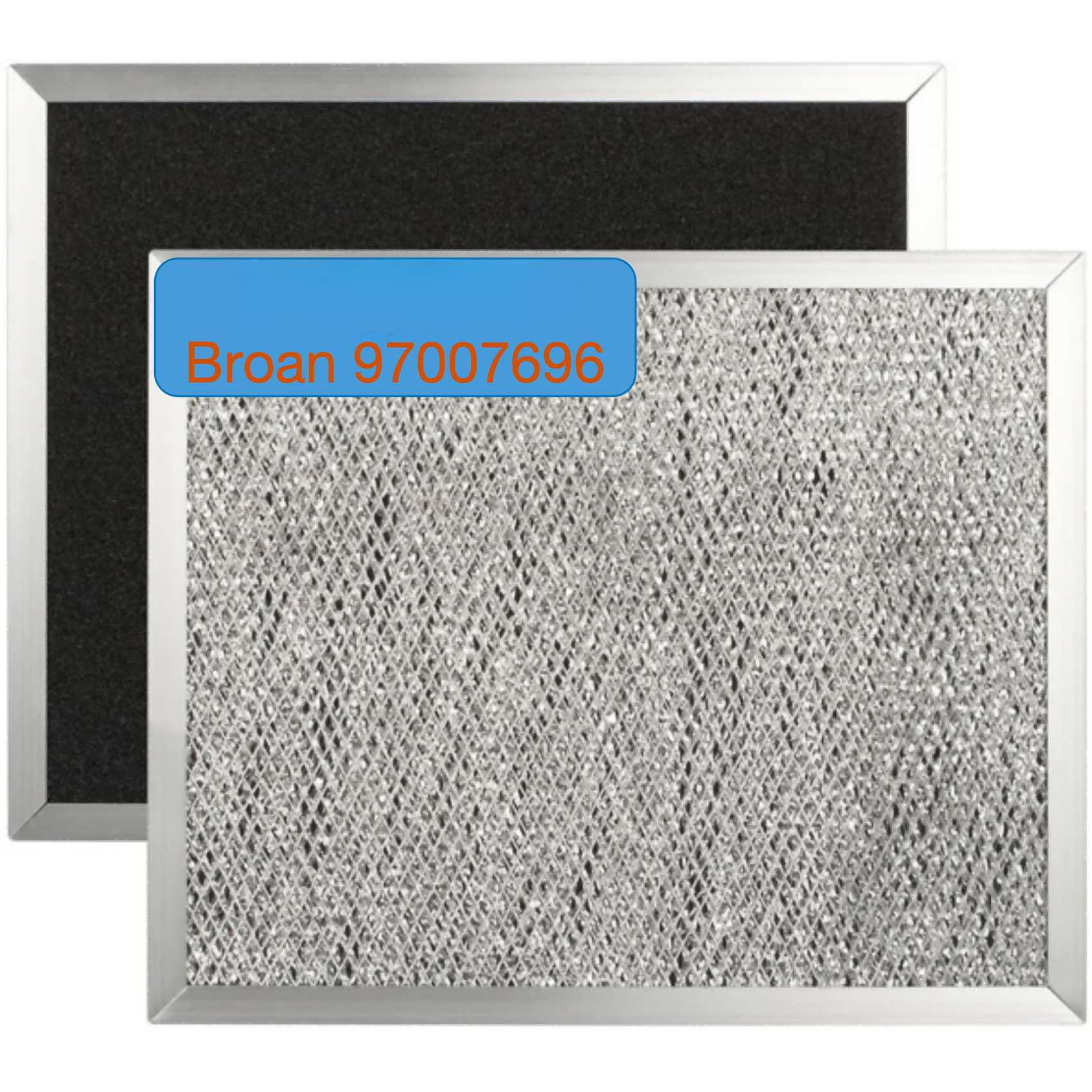 Zwei Luftfilter. Einer ist schwarz, der andere silbern mit Rautenmuster. Ein blaues Etikett sagt Broan 97007696.