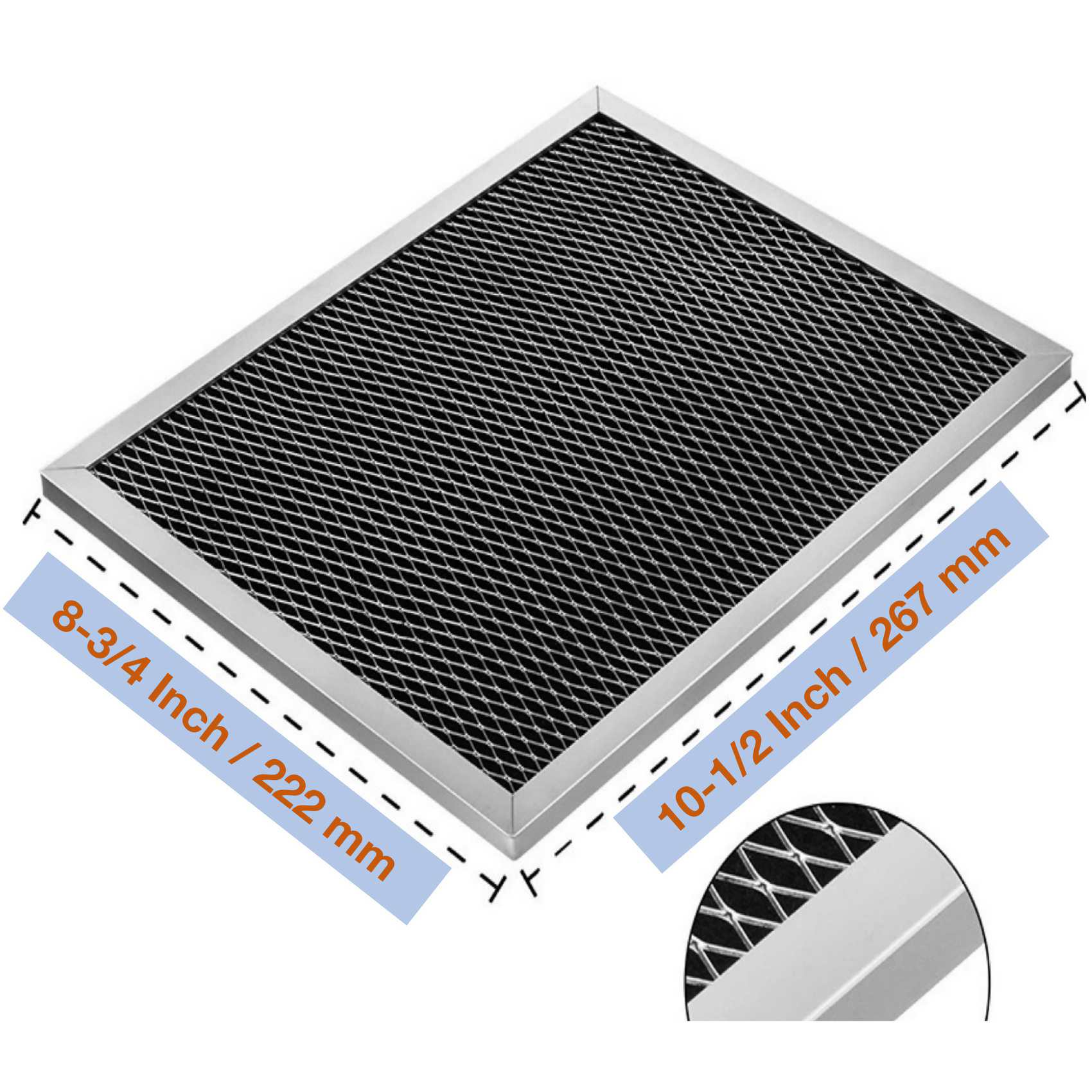 Ein rechteckiger Metallgitterfilter mit Maßangaben. Der Filter ist schwarz mit silbernem Rahmen, mit Messungen.