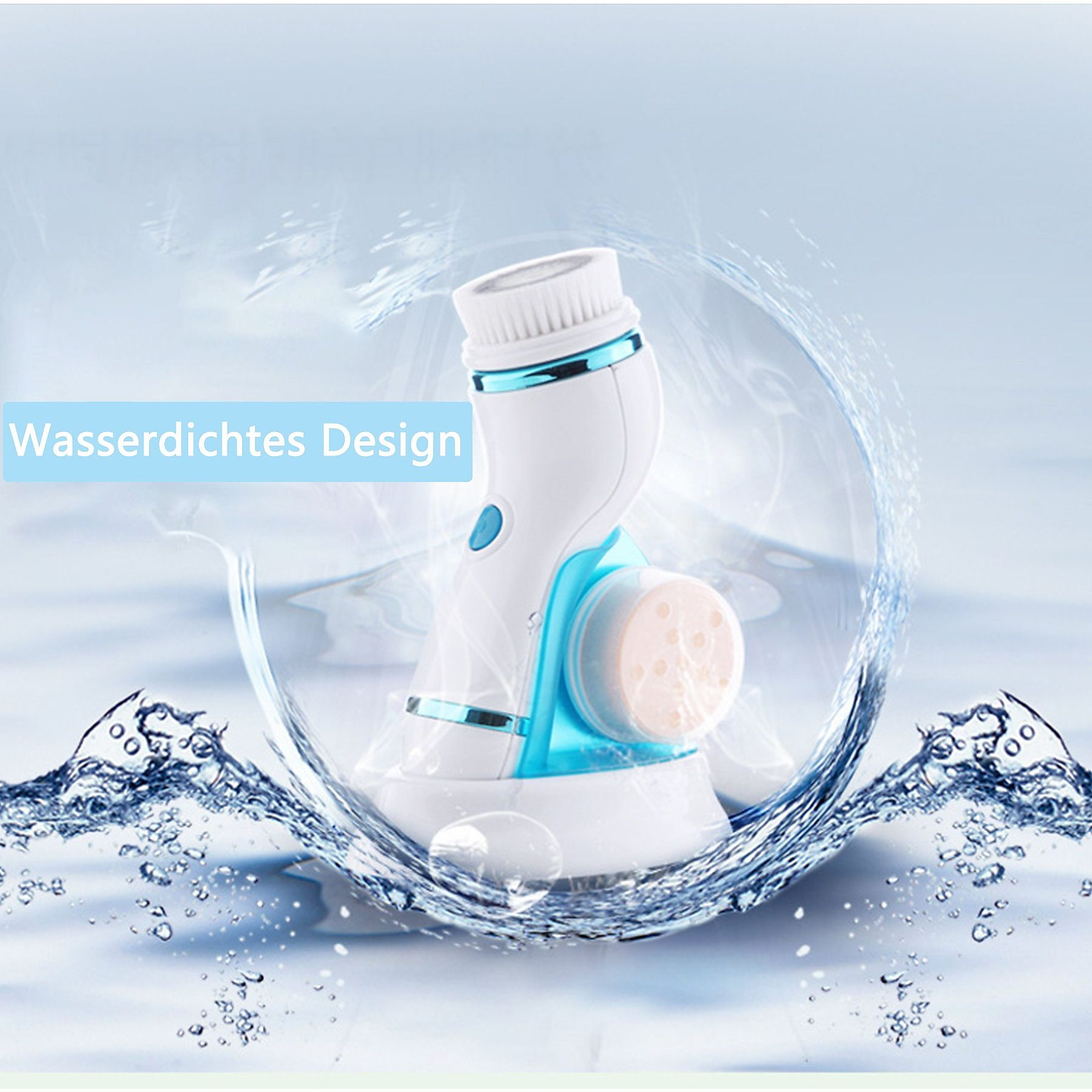 Eine weiße und blaue Gesichtsreinigungsbürste wird in Wasser mit einem Bürstenkopf und einem rotierenden Kopf dargestellt.