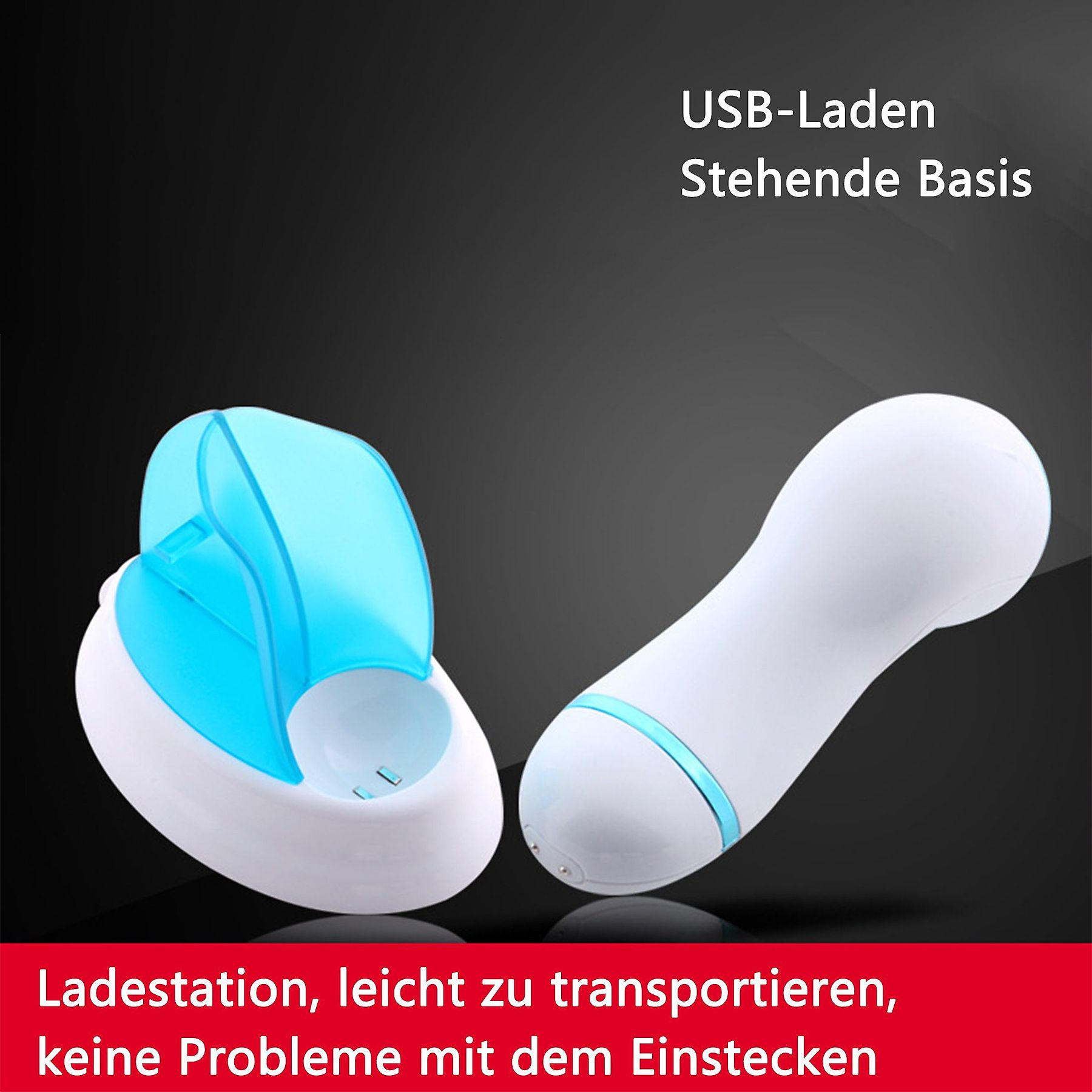 Eine weiße Ladestation mit blauem Deckel neben einem weißen Gerät mit blauem Streifen auf schwarzem Grund.