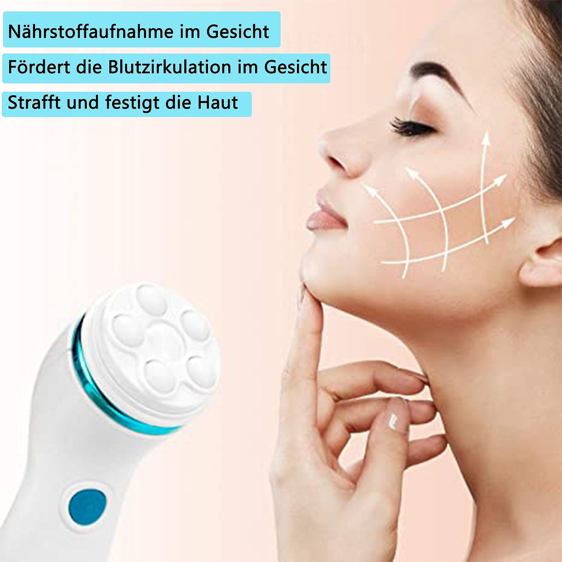 Das Gesicht einer Frau mit Pfeilen, ein Gerät und Text zur Hautpflege. Das Gerät ist weiß und blau.