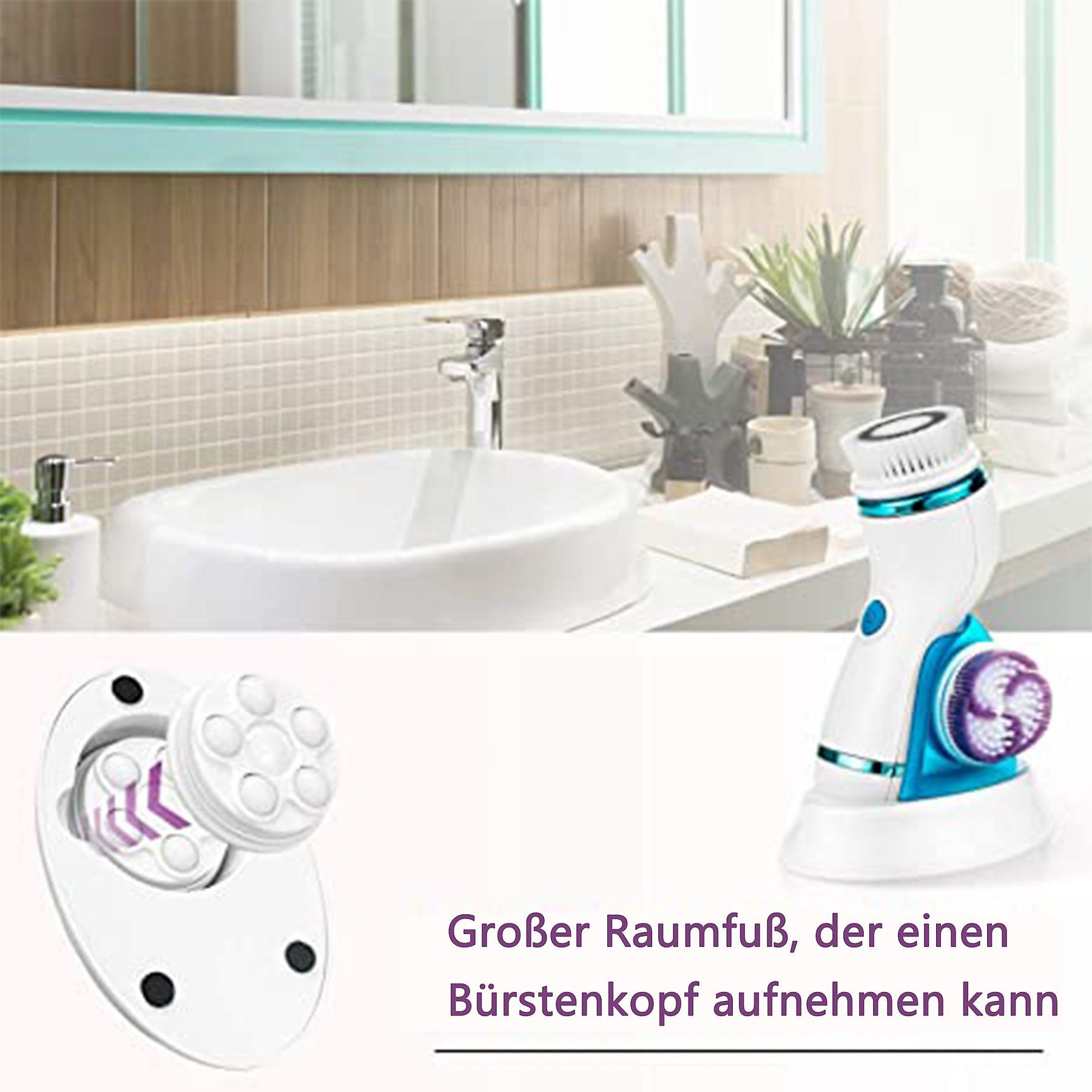 Badezimmer-Szene mit Waschbecken und Gesichtsbürste. Bürste hat ein weißes und blaues Design.