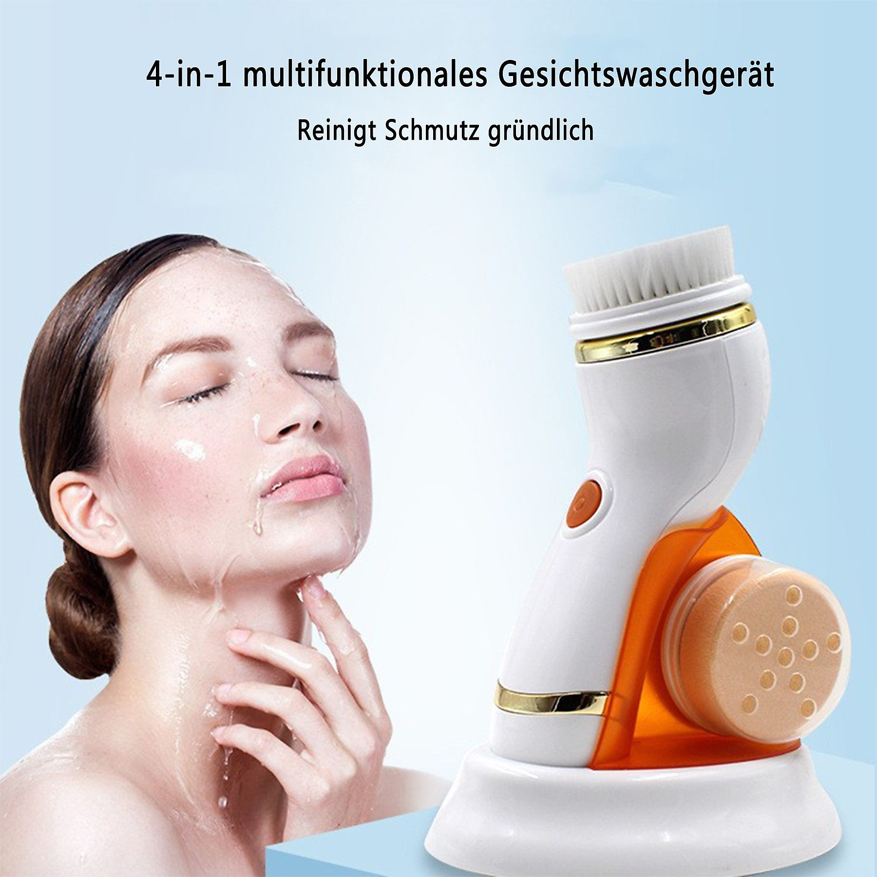 Frau mit Wasser im Gesicht, neben einer weißen und orangefarbenen Gesichtsbürste auf einem Ständer. Text: 4-in-1.