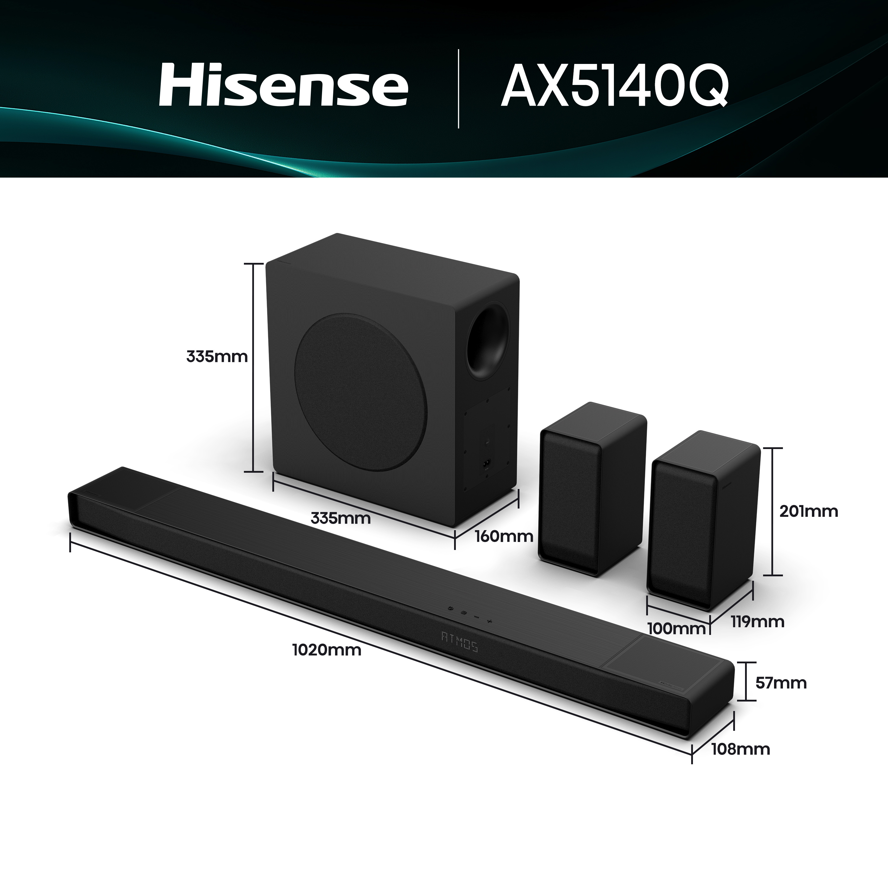 Czarny soundbar Hisense AX5140Q. Zawiera subwoofer, dwa głośniki satelitarne i sam soundbar.