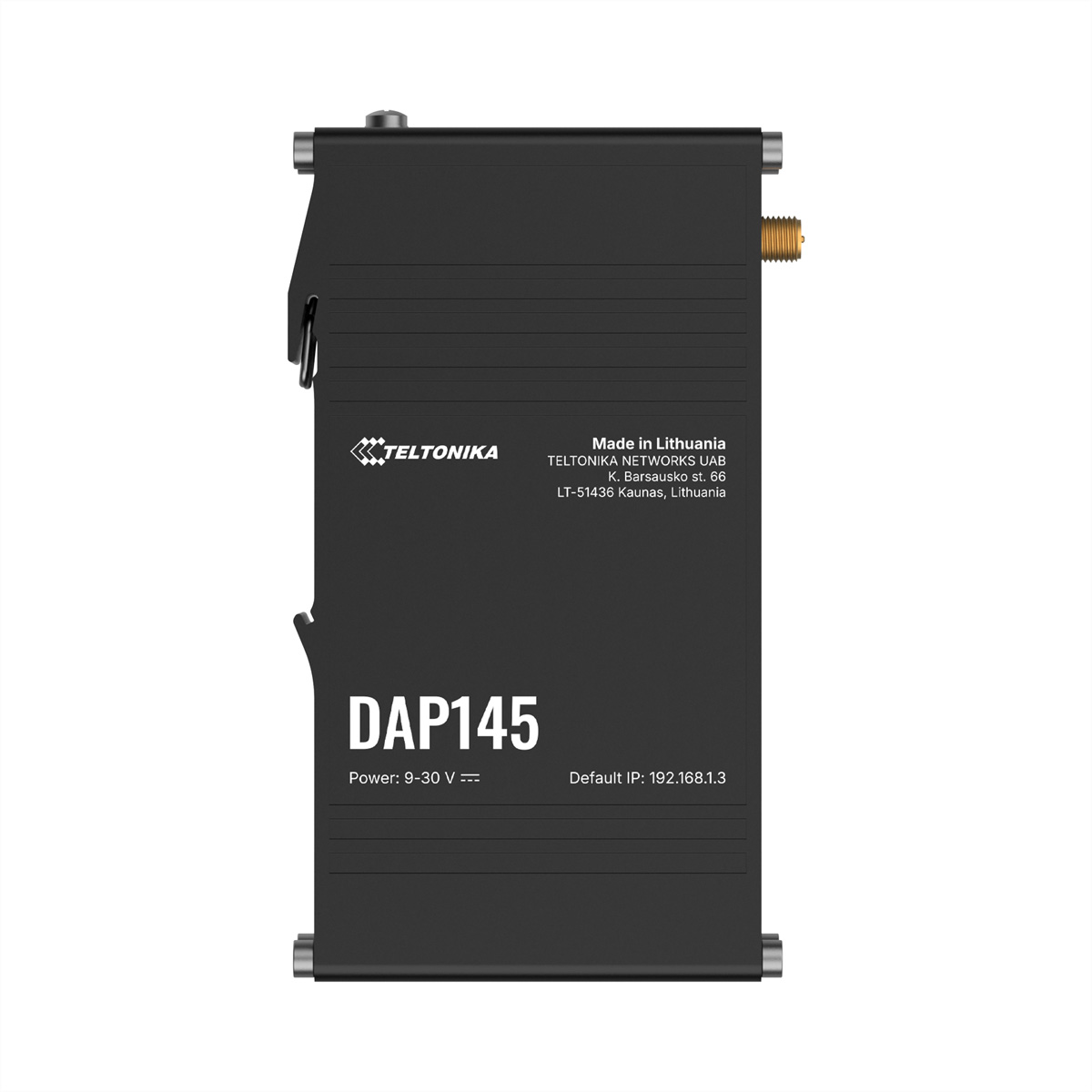 Ein schwarzes DAP145-Gerät mit Teltonika-Logo, Text und technischen Details. Hergestellt in Litauen. Merkmale Anschlüsse und Stromeingang.
