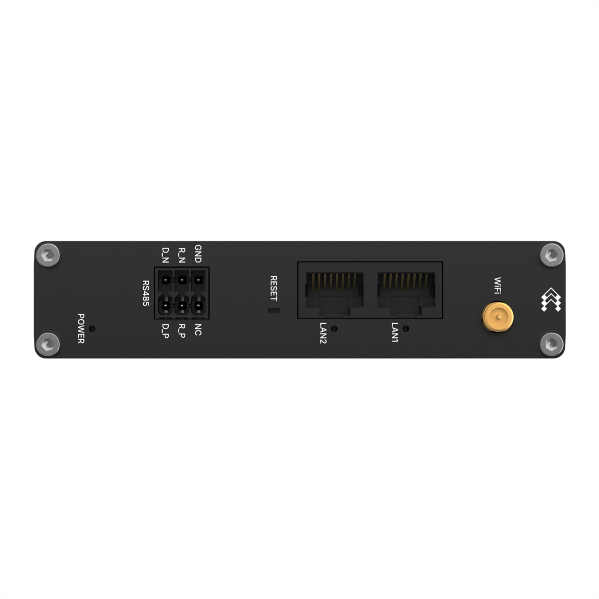 Ein schwarzes elektronisches Gerät mit Anschlüssen und Steckern. Beschriftungen umfassen 'POWER', 'RS485', 'LAN1', 'LAN2', 'WIFI' und 'RESET'.