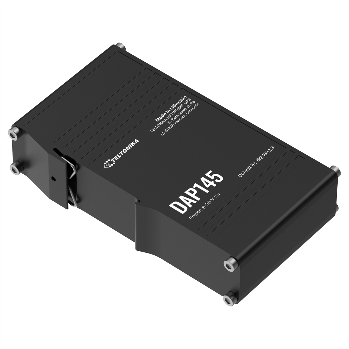 Ein schwarzes DAP145-Gerät mit Branding und Text. Zu den Merkmalen gehören Schrauben und Text, der die Stromversorgung und die Standard-IP-Adresse angibt.
