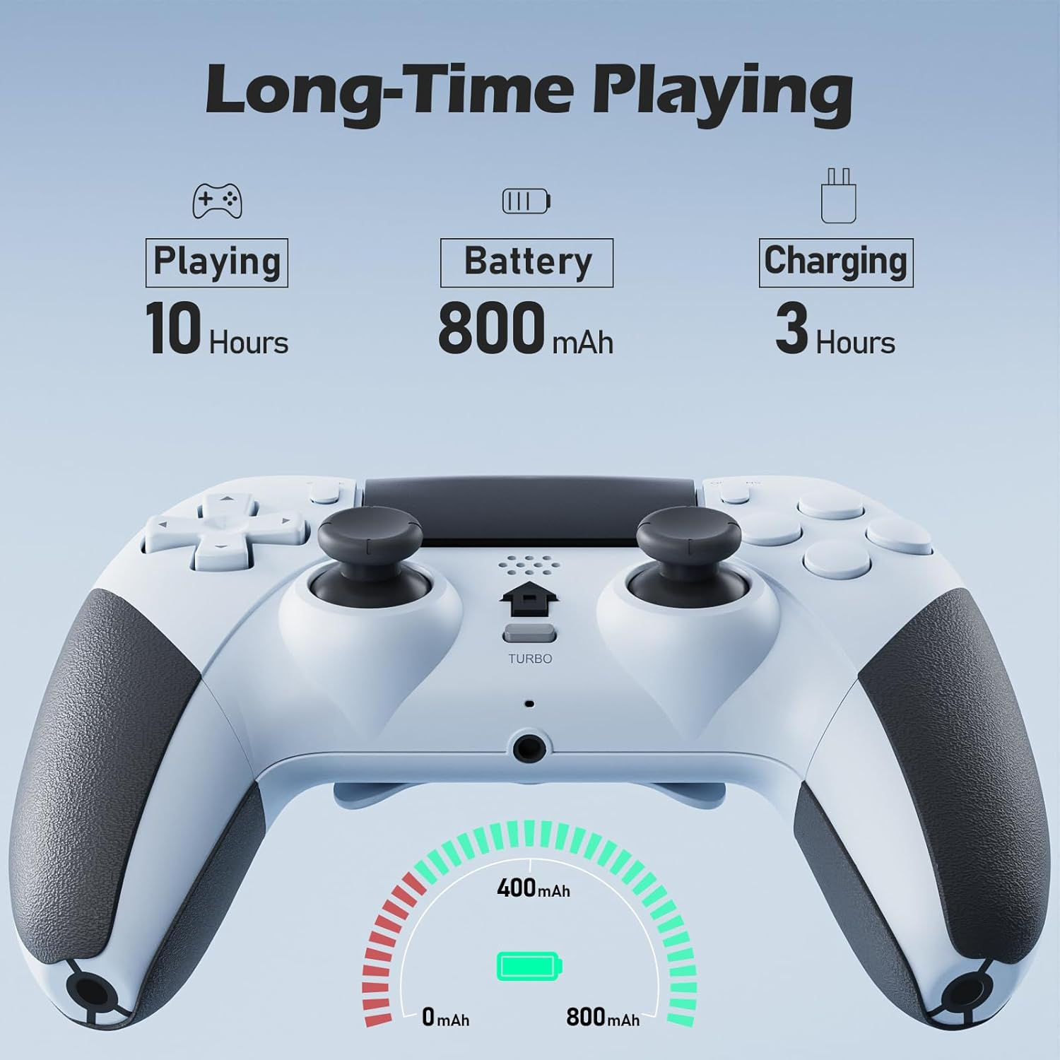 Ein weiß-grauer Gamecontroller mit 10 Stunden Spielzeit, 800 mAh Akku und 3 Stunden Ladezeit. Ein Messgerät zeigt den Akkustand an.