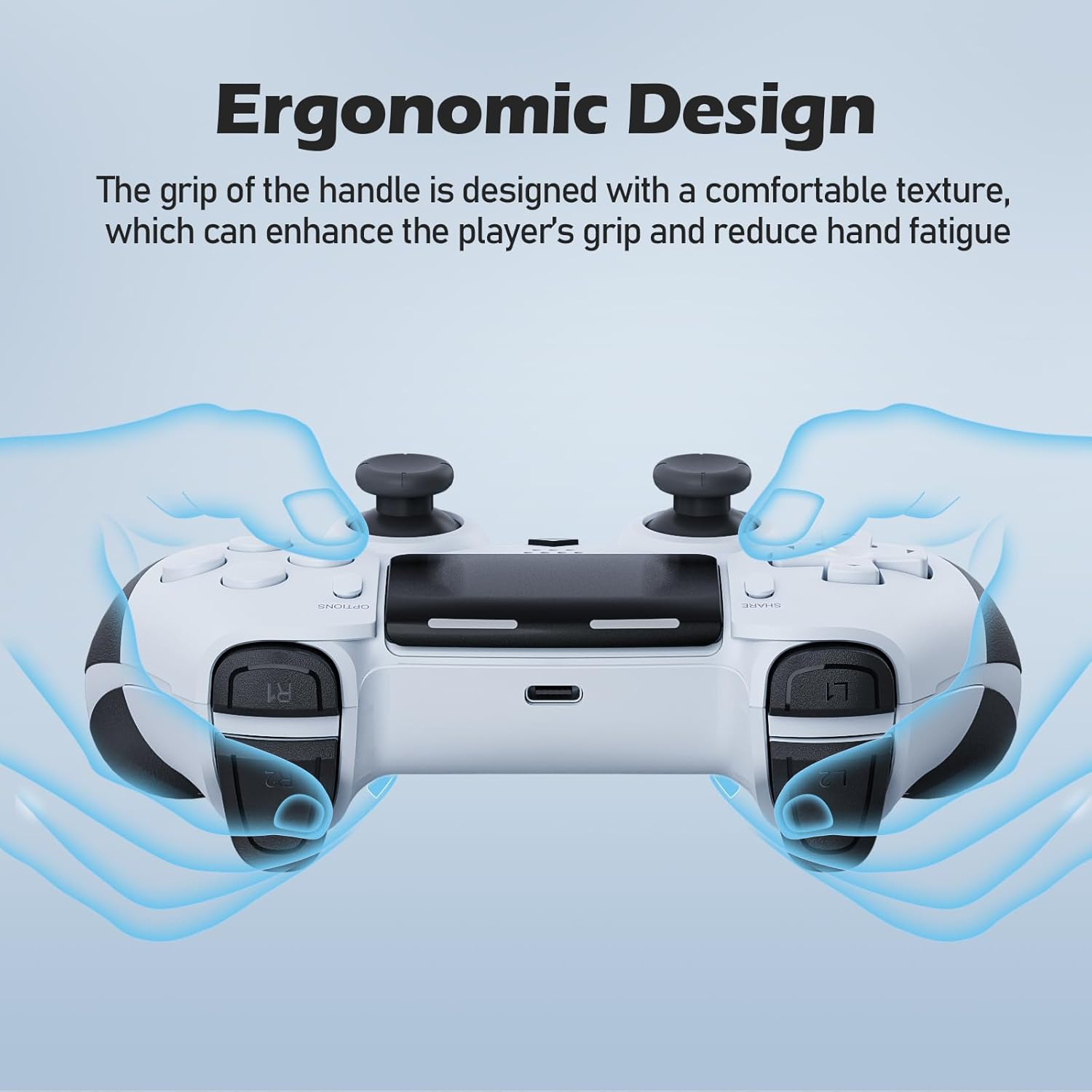Ein weiß-schwarzer Gamecontroller mit Händen auf beiden Seiten und dem Text 'Ergonomisches Design' oben.