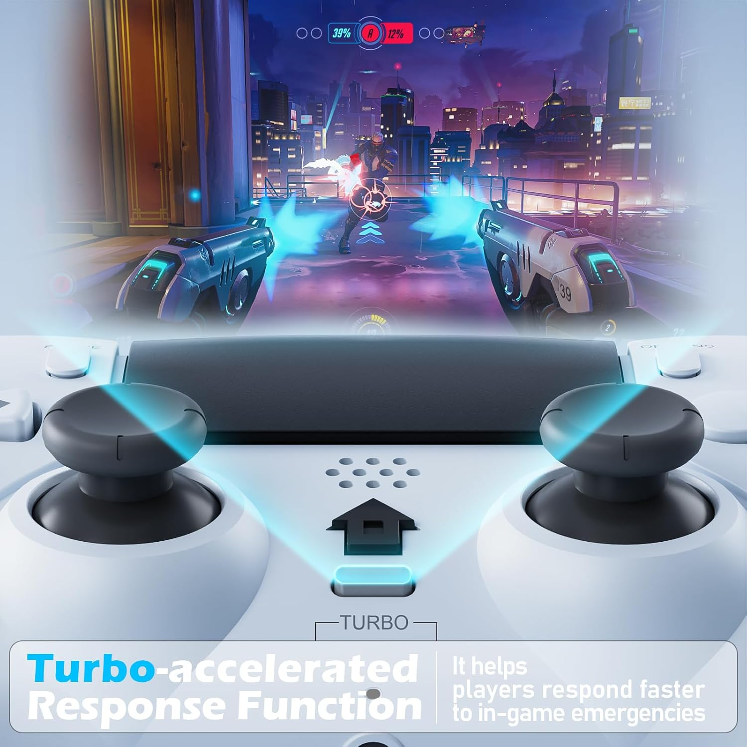 Ein weißer Gamecontroller mit Joysticks wird gezeigt. Der Bildschirm zeigt ein Videospiel mit Schüssen und Stadt im Hintergrund.