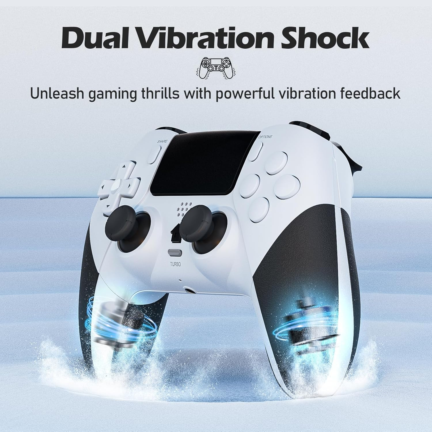 Ein weiß-schwarzer Gamecontroller mit dem Text 'Dual Vibration Shock'. Wasserähnliche Effekte um den Controller.