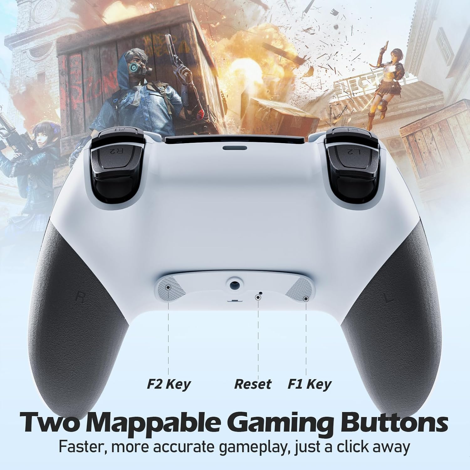 Ein weiß-schwarzer Gamecontroller mit Actionfiguren im Hintergrund und dem Text 'Two Mappable Gaming Buttons'.