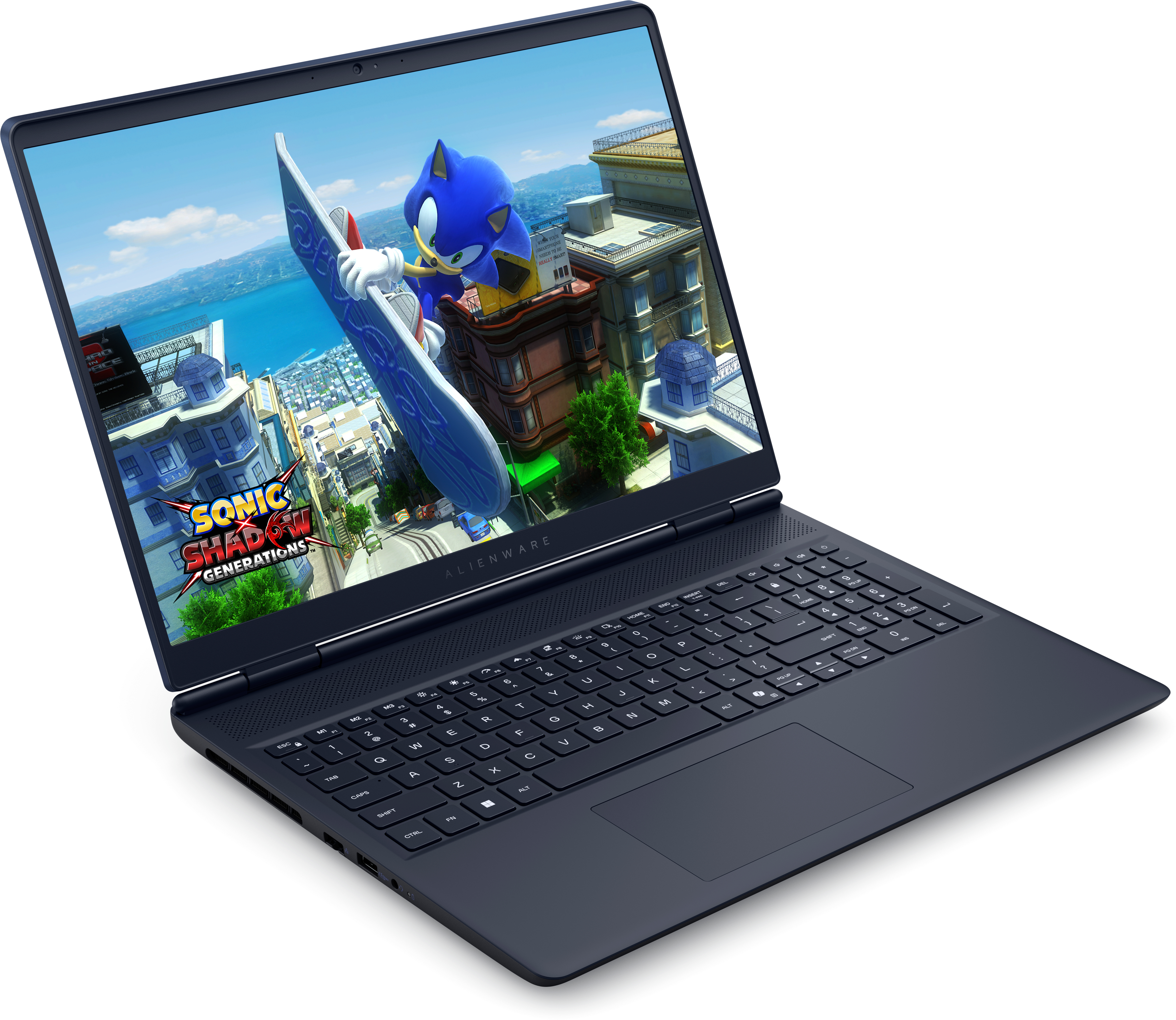 Ciemny laptop wyświetla grę Sonic. Klawiatura jest widoczna. Marka to Alienware.