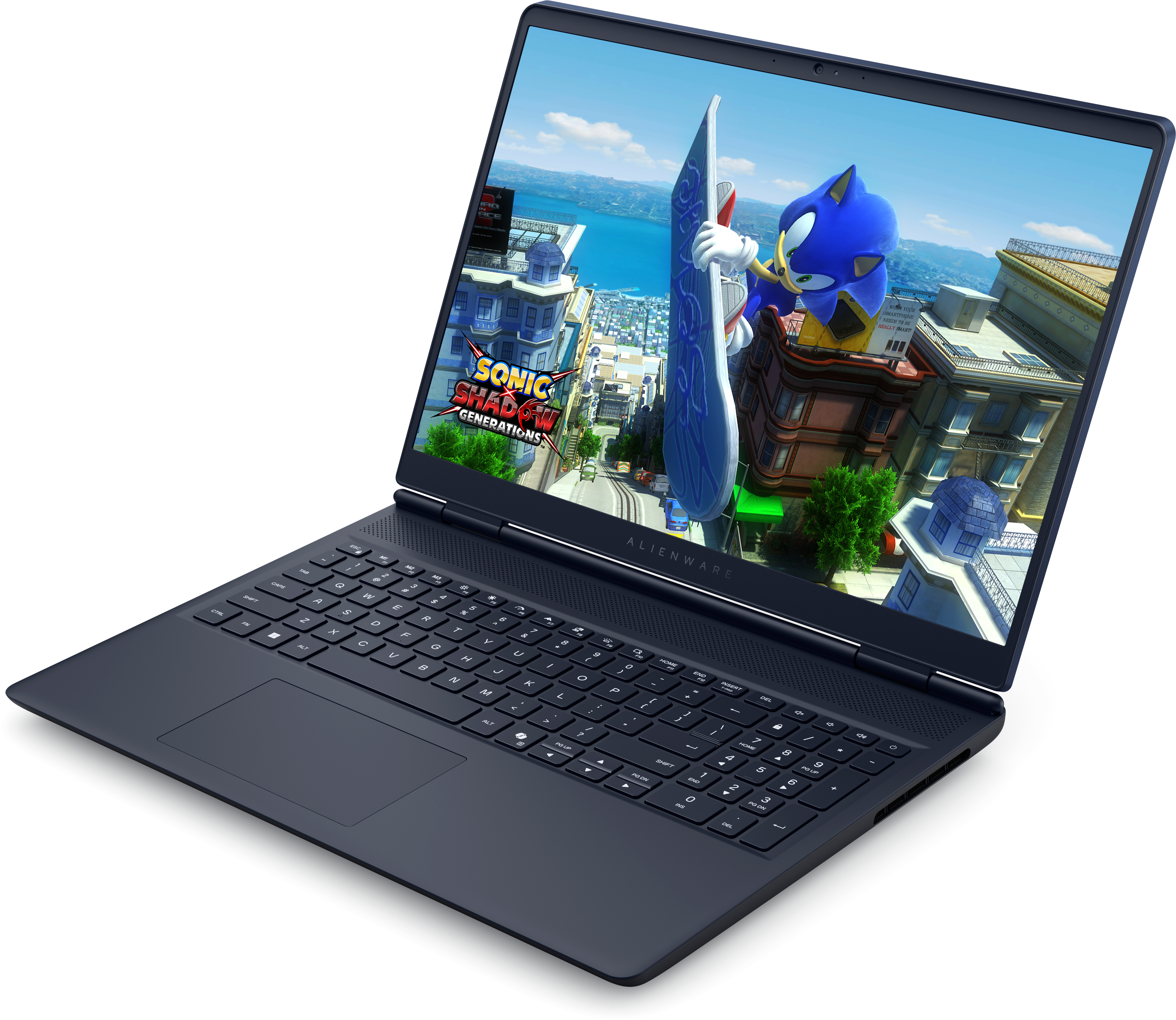 Ciemny laptop wyświetla grę Sonic. Sonic trzyma deskę surfingową. Tło przedstawia miasto.