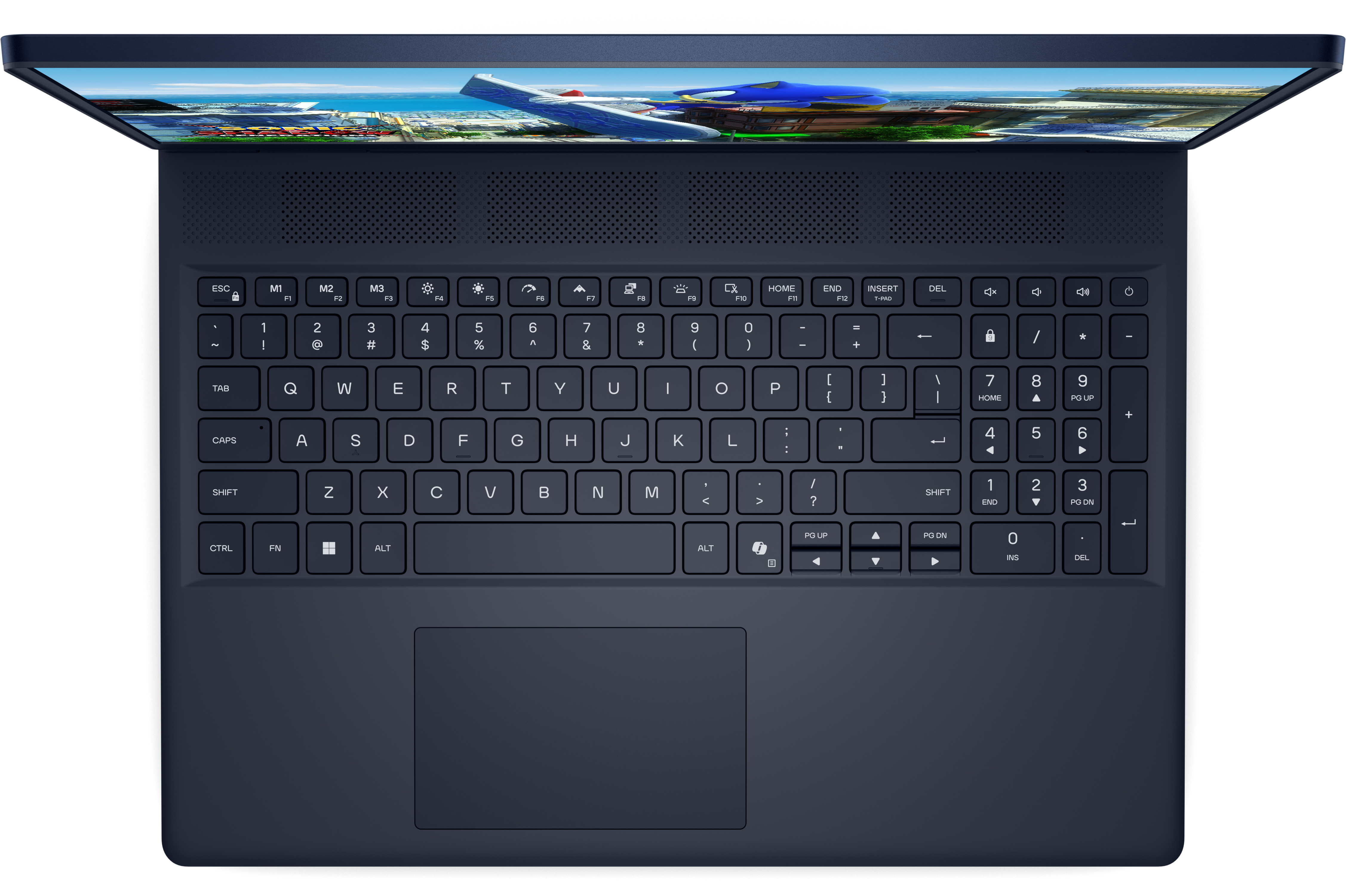 Ciemnoniebieski laptop, otwarty, wyświetlający kolorowy ekran. Widoczna klawiatura.